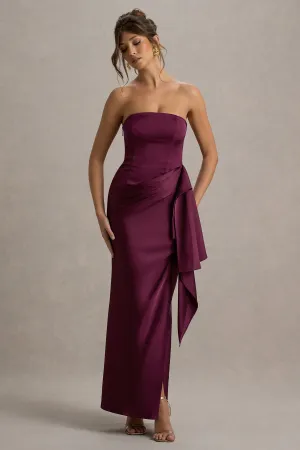 Loz | Burgundy Satin Bandeau Draped Maxi Dress Club L London