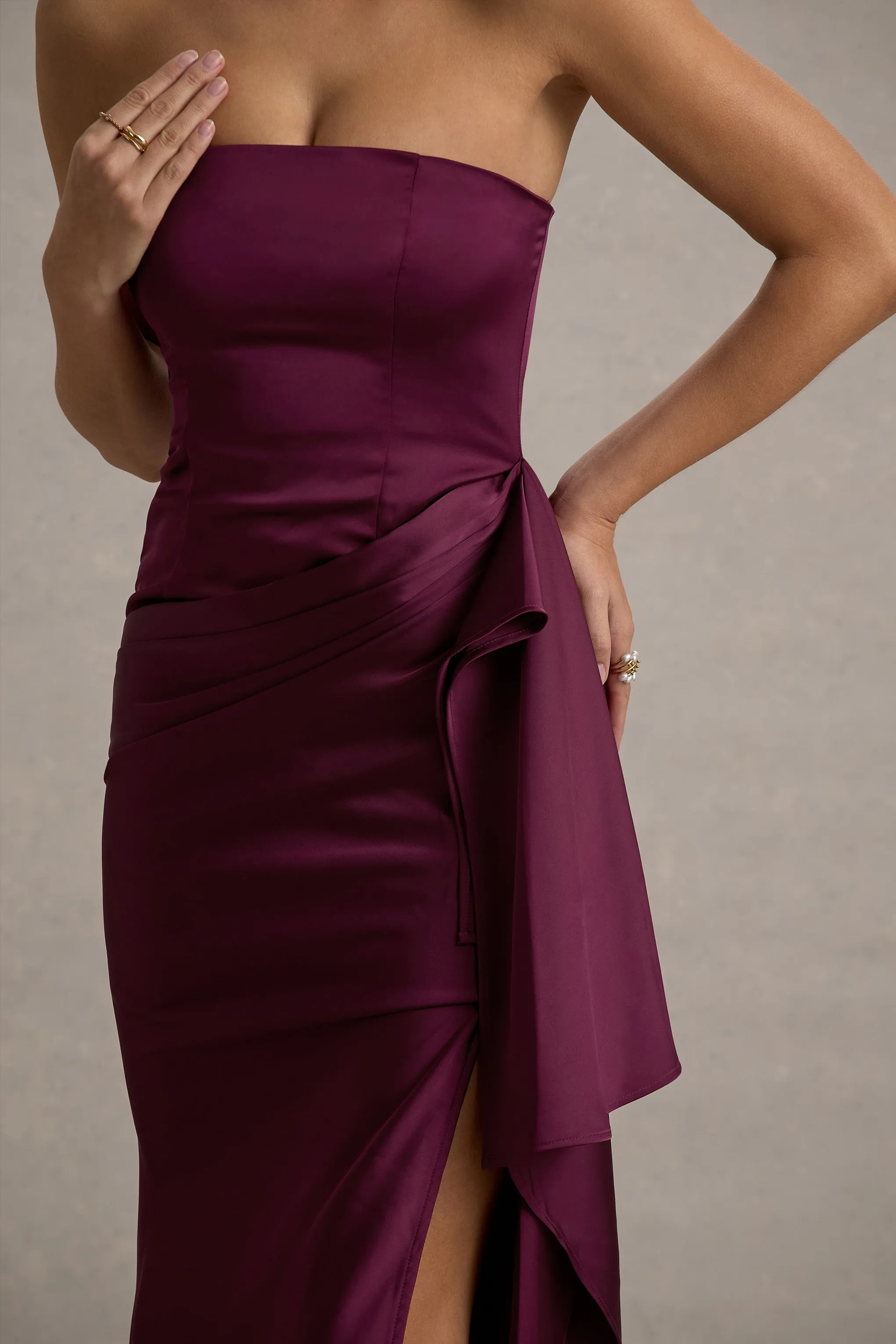 Loz | Burgundy Satin Bandeau Draped Maxi Dress Club L London