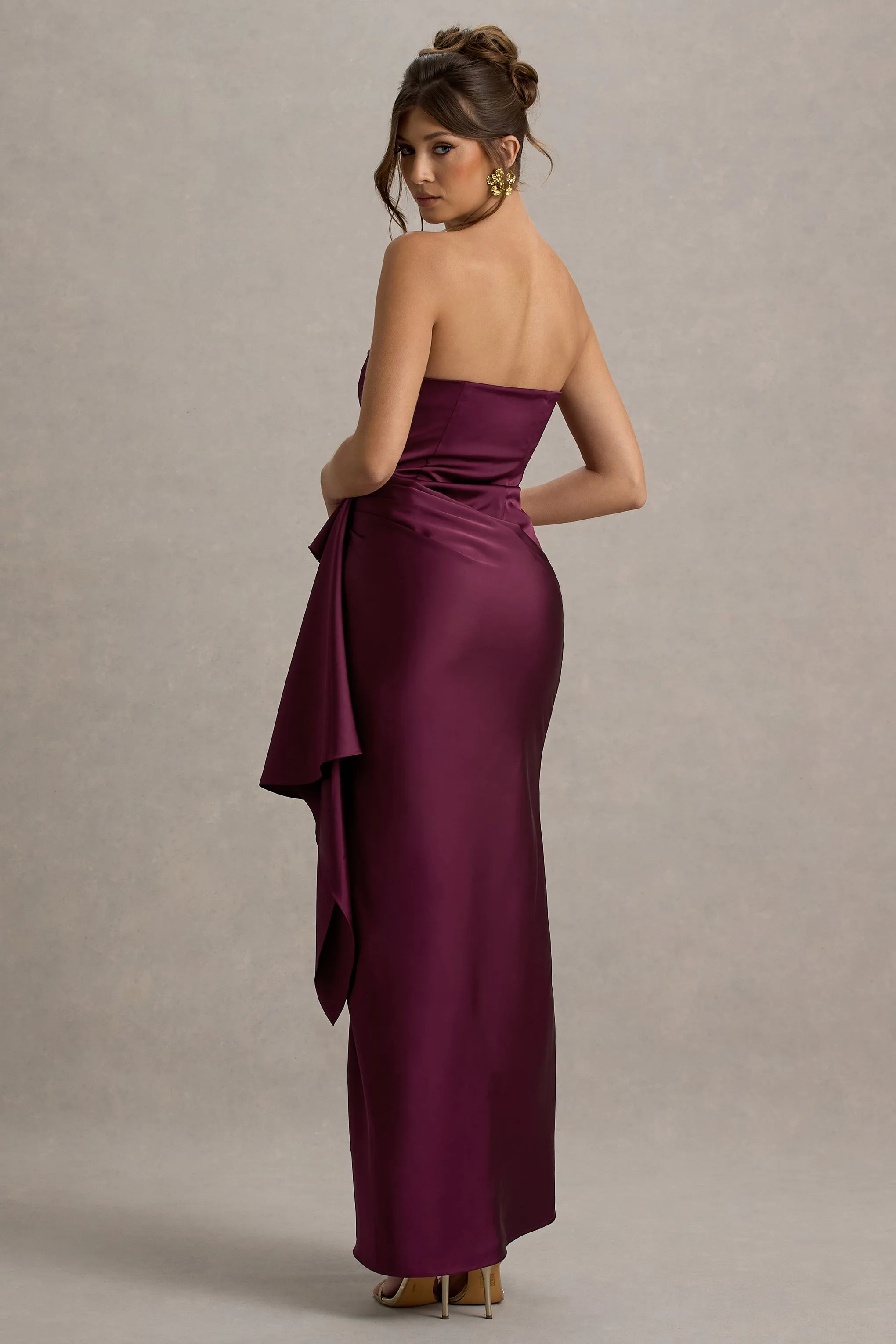 Loz | Burgundy Satin Bandeau Draped Maxi Dress Club L London