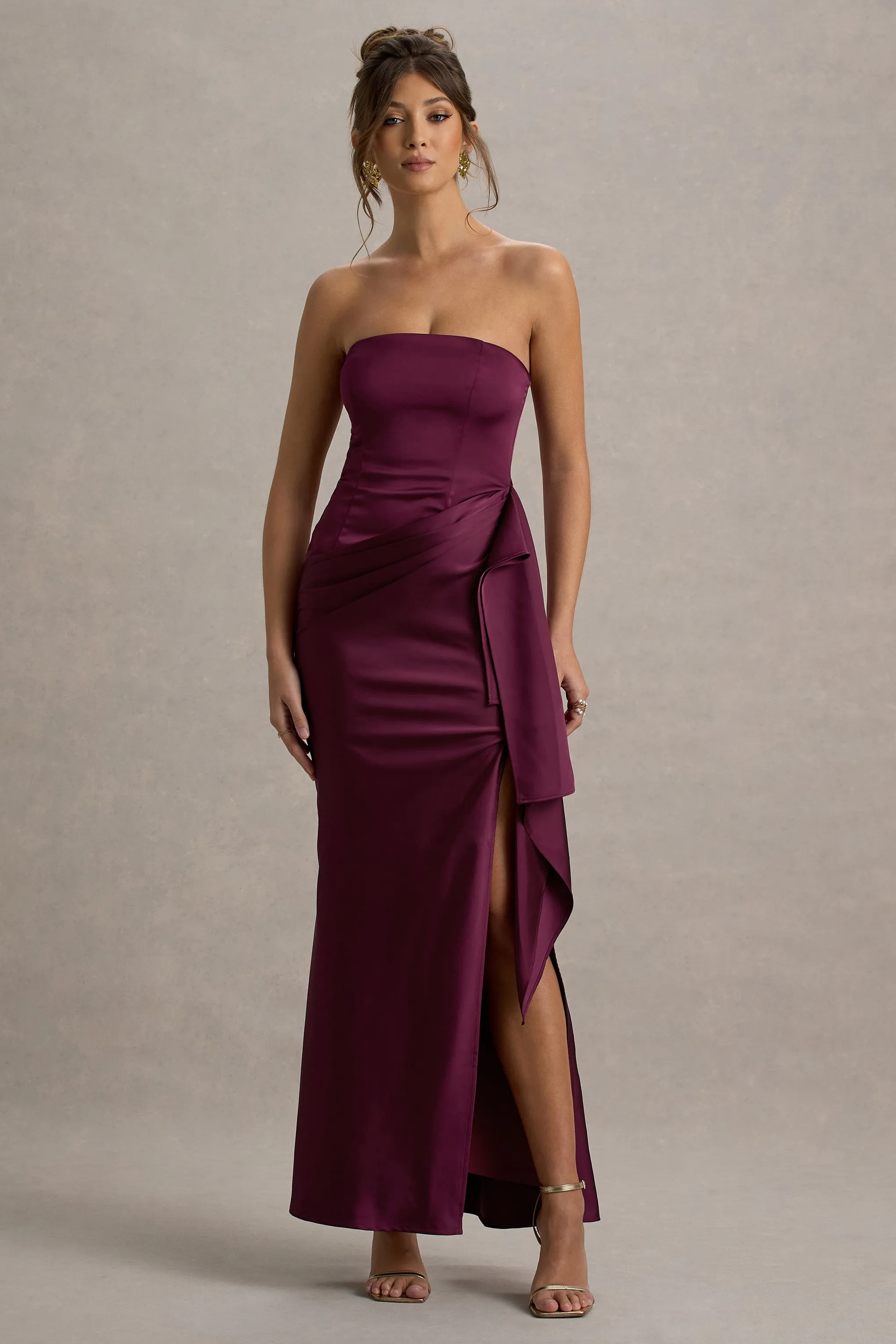 Loz | Burgundy Satin Bandeau Draped Maxi Dress Club L London