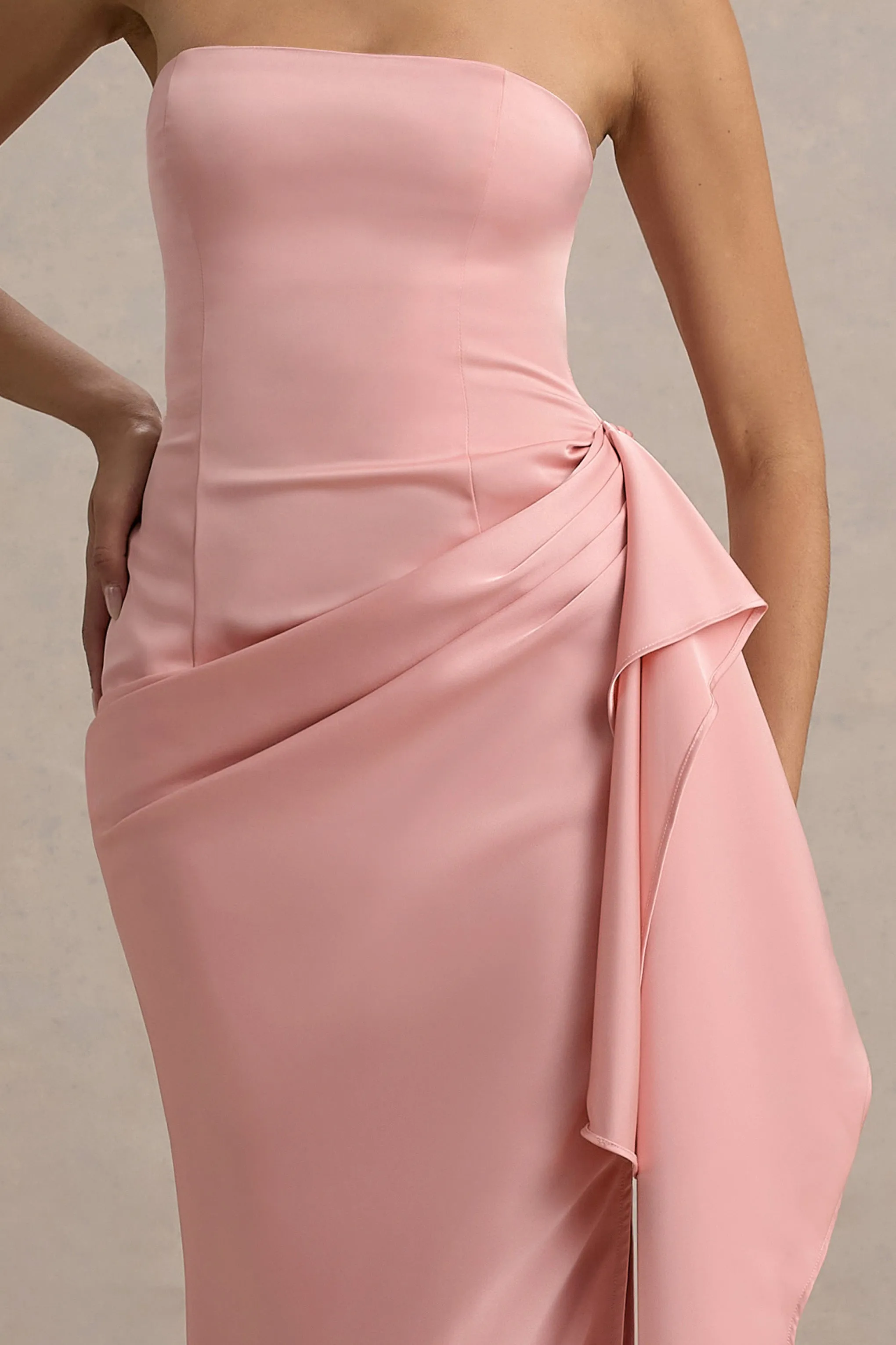 Loz | Light Pink Satin Bandeau Draped Maxi Dress Club L London