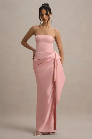 Loz | Light Pink Satin Bandeau Draped Maxi Dress Club L London