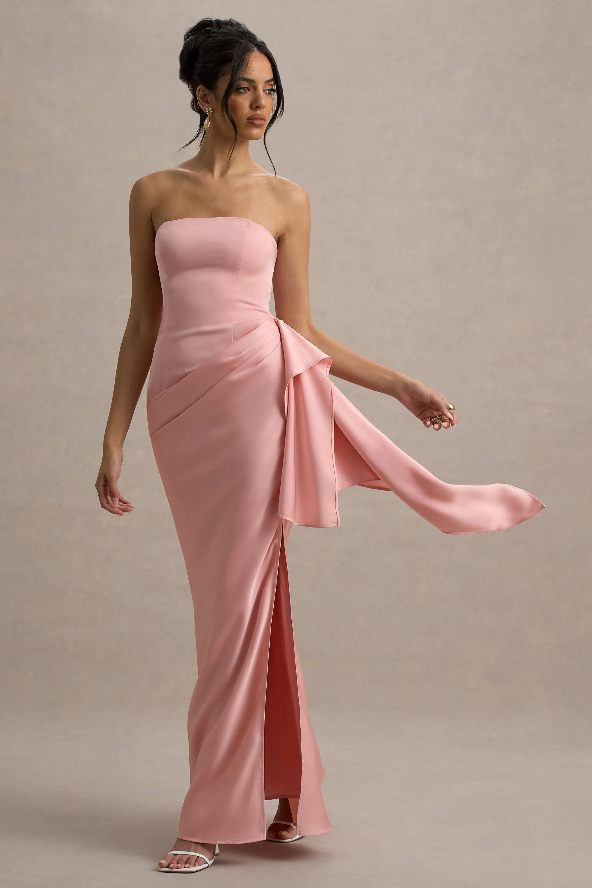 Loz | Light Pink Satin Bandeau Draped Maxi Dress Club L London