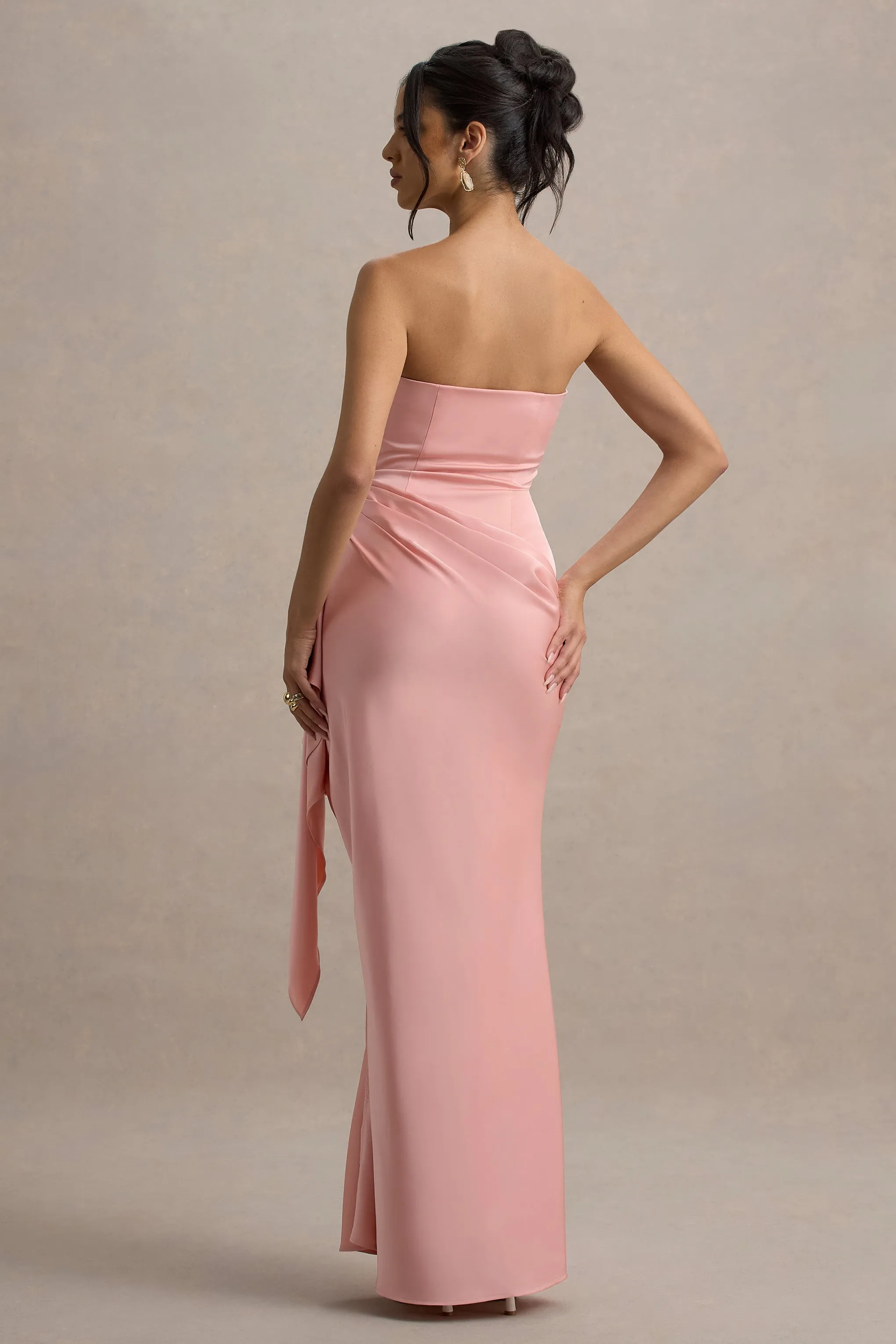 Loz | Light Pink Satin Bandeau Draped Maxi Dress Club L London