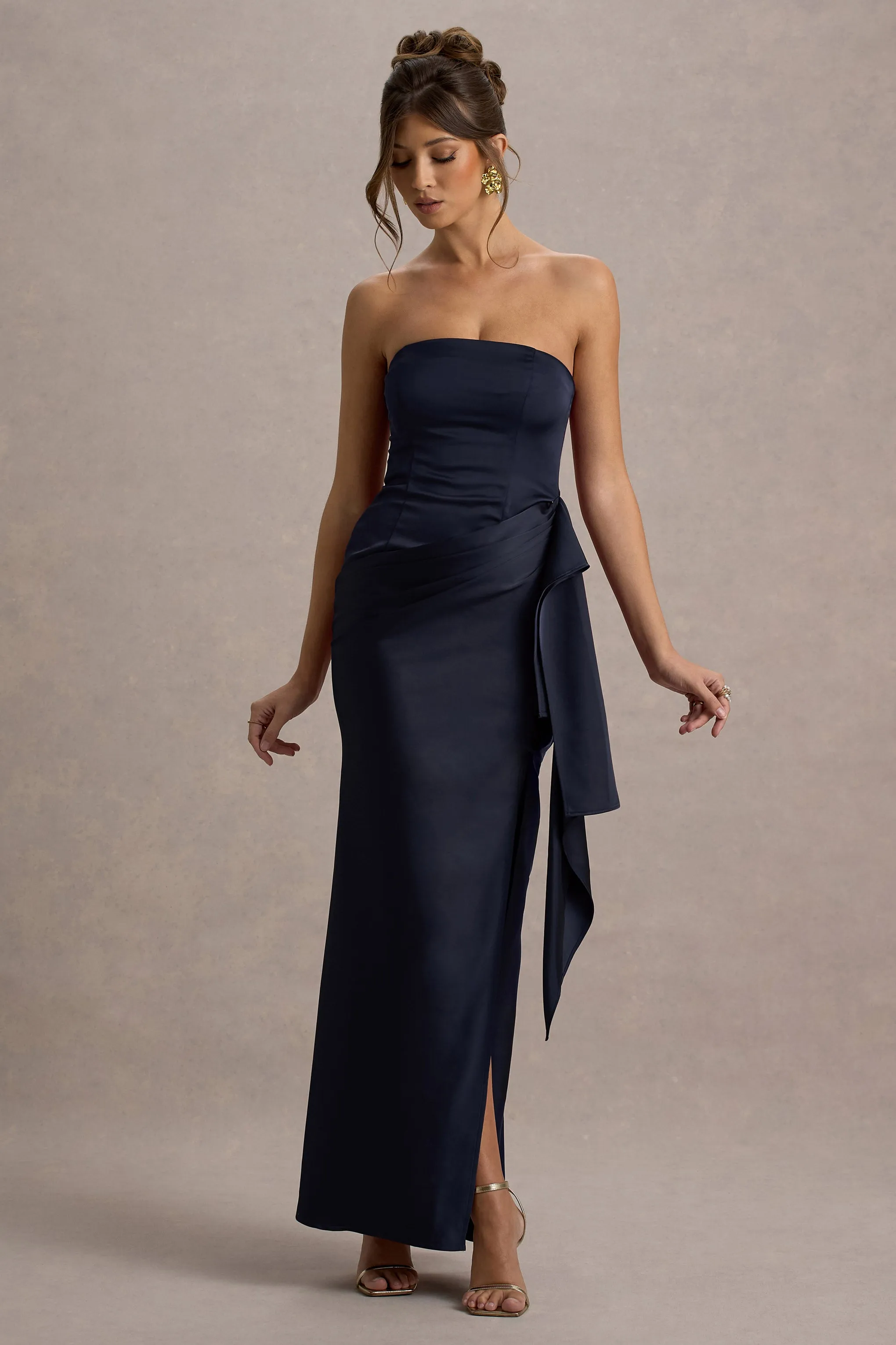 Loz | Navy Satin Bandeau Draped Maxi Dress Club L London