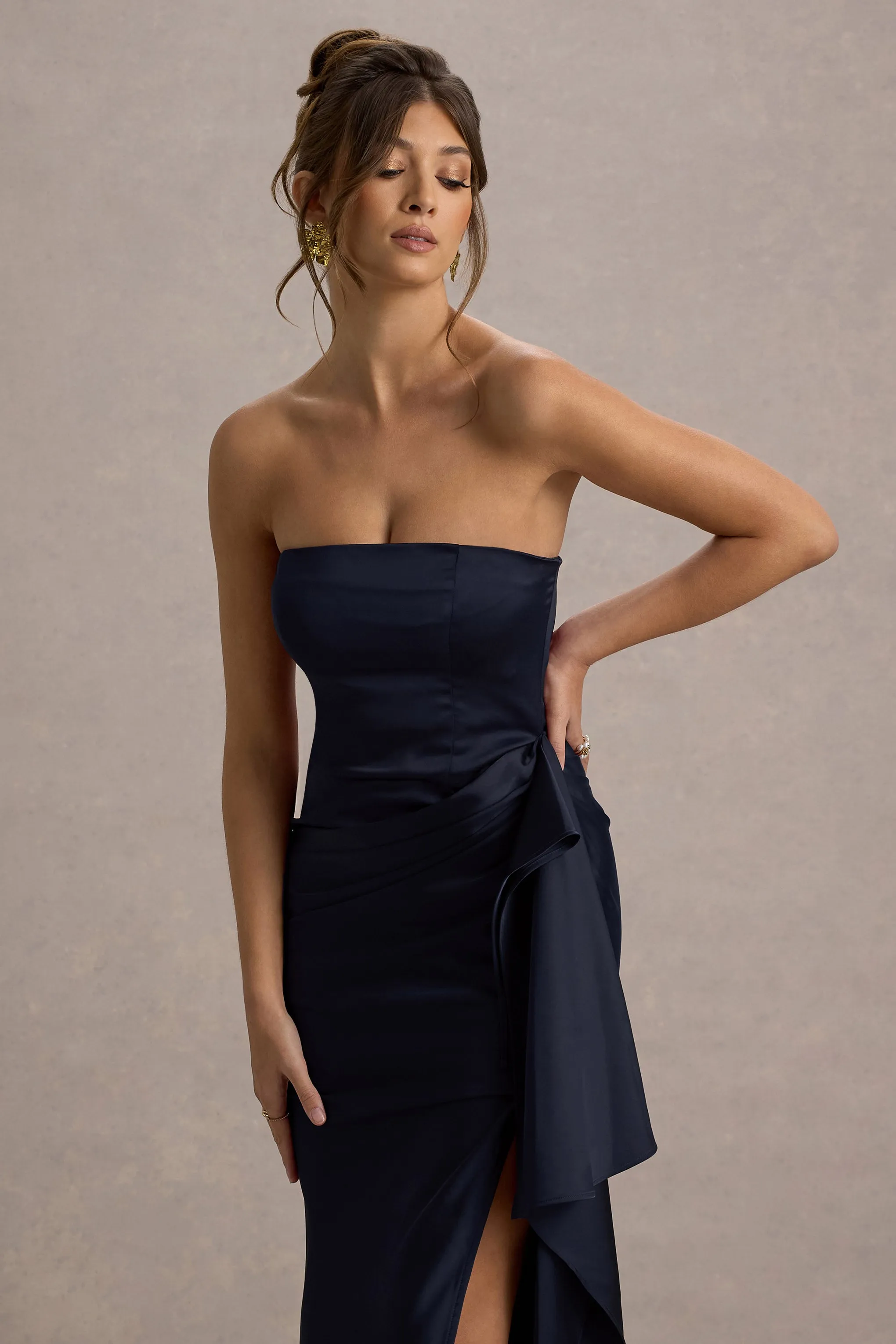 Loz | Navy Satin Bandeau Draped Maxi Dress Club L London