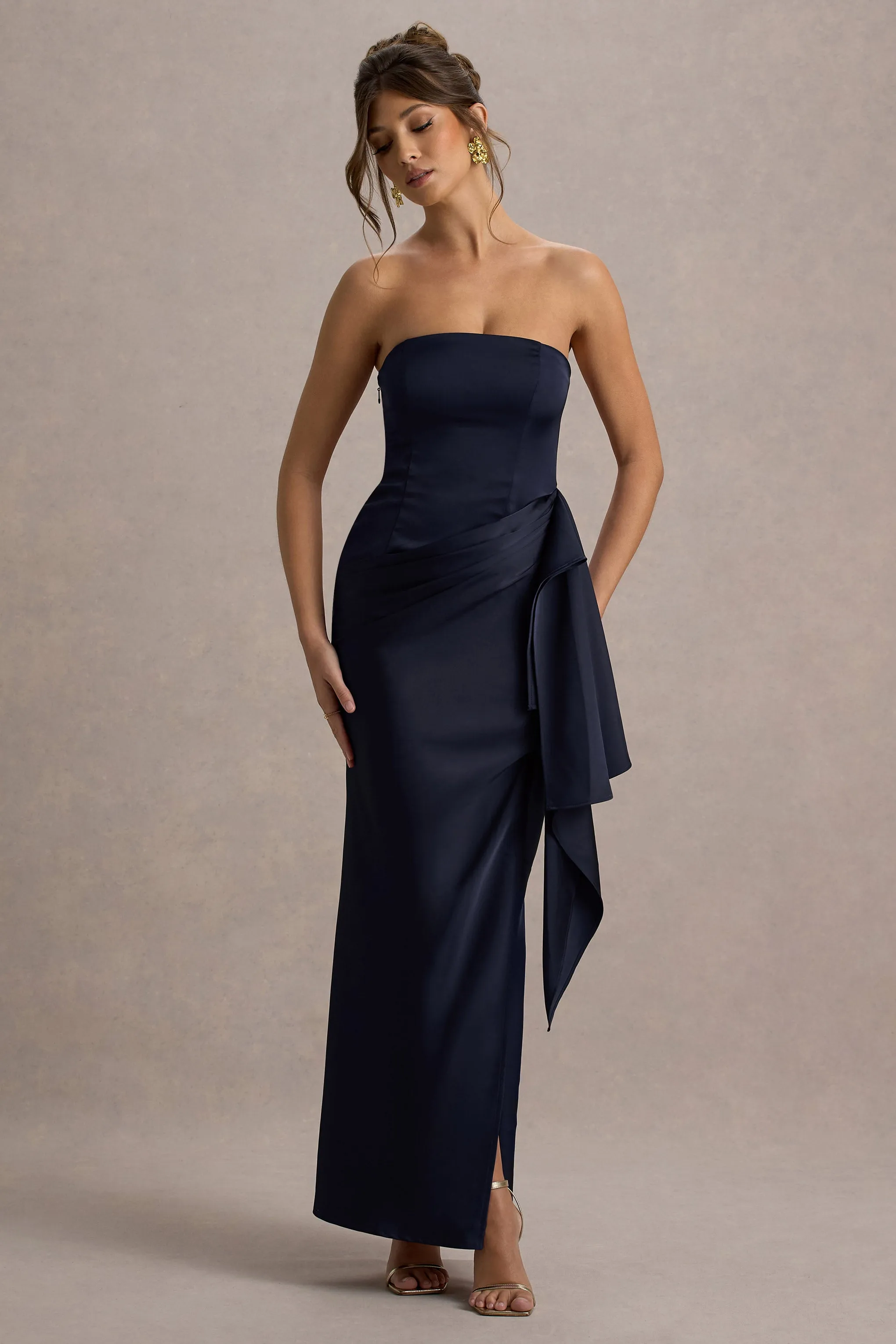 Loz | Navy Satin Bandeau Draped Maxi Dress Club L London