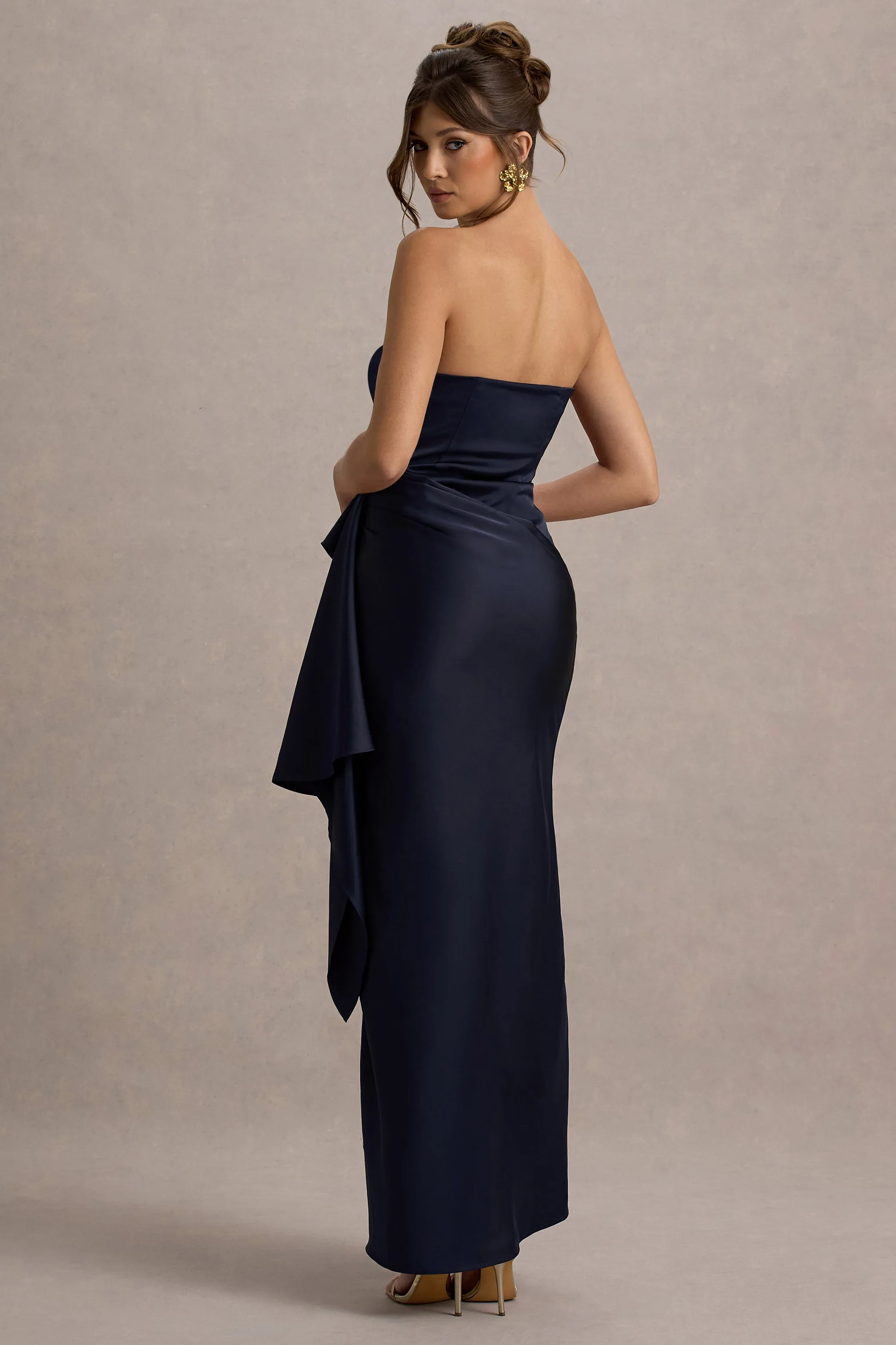 Loz | Navy Satin Bandeau Draped Maxi Dress Club L London