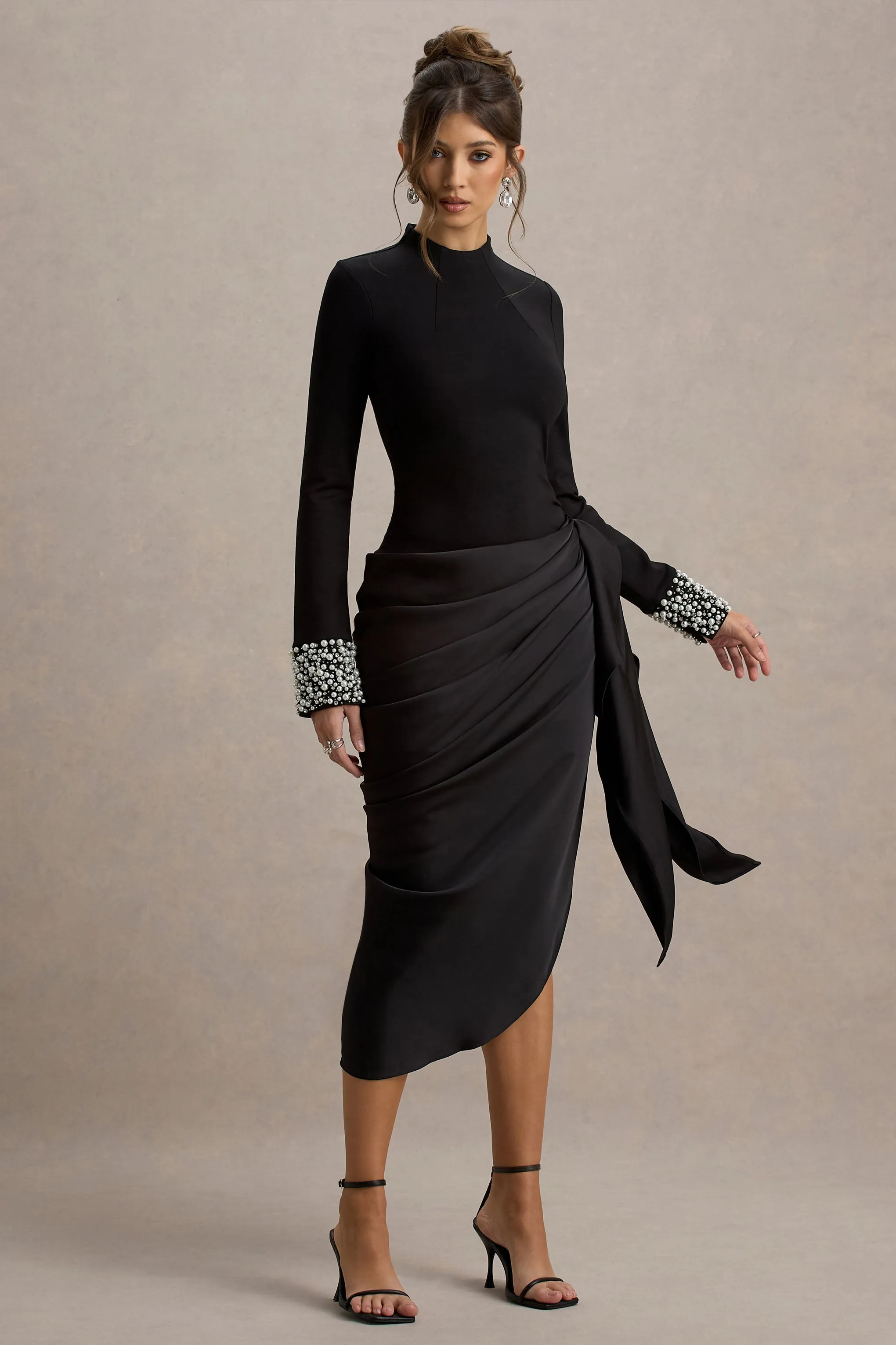 Luanna | Black Satin Long-Sleeve Midi Dress With Draped Skirt Club L London