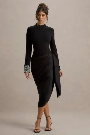 Luanna | Black Satin Long-Sleeve Midi Dress With Draped Skirt Club L London