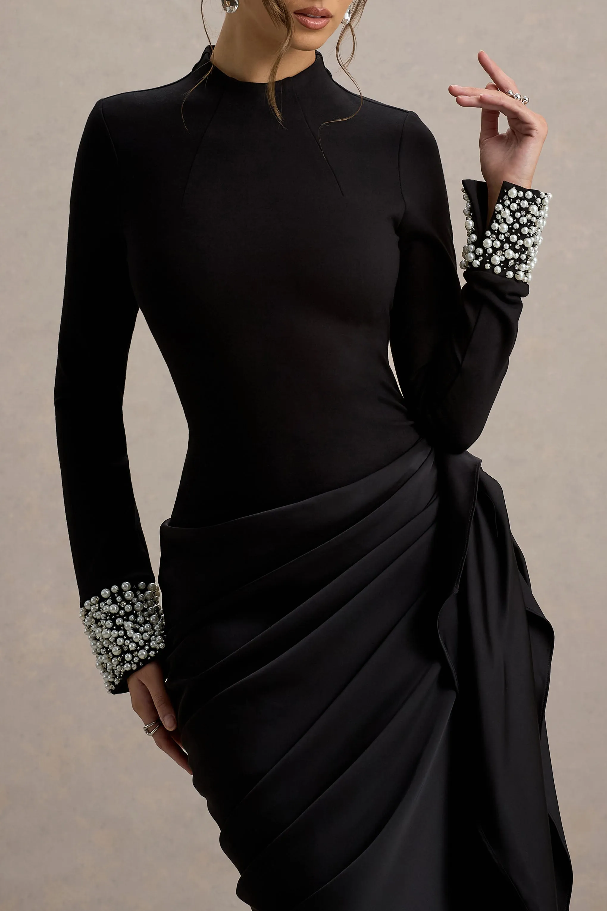 Luanna | Black Satin Long-Sleeve Midi Dress With Draped Skirt Club L London