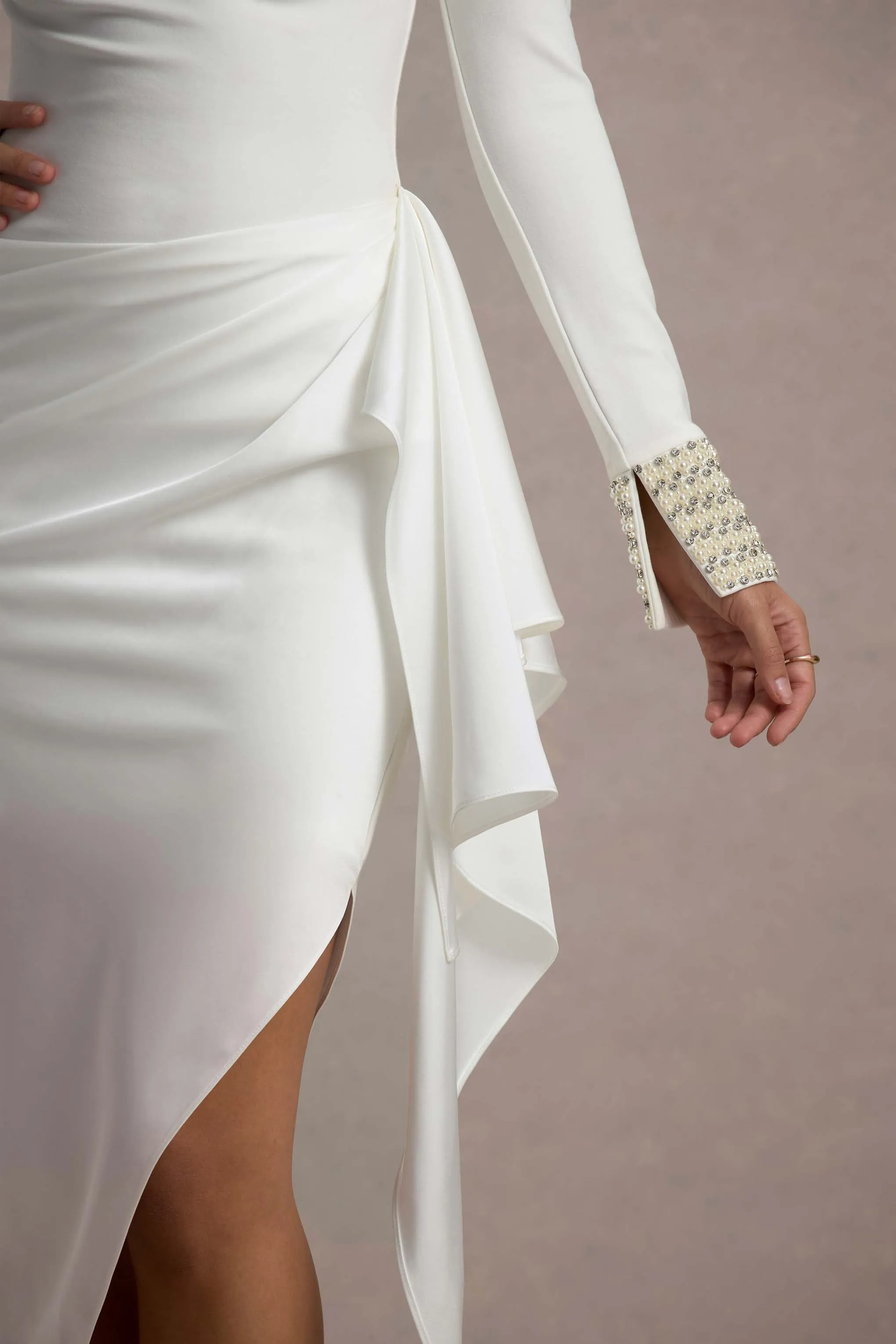 Luanna | Ecru Satin Long-Sleeve Midi Dress With Draped Skirt Club L London