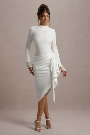 Luanna | Ecru Satin Long-Sleeve Midi Dress With Draped Skirt Club L London
