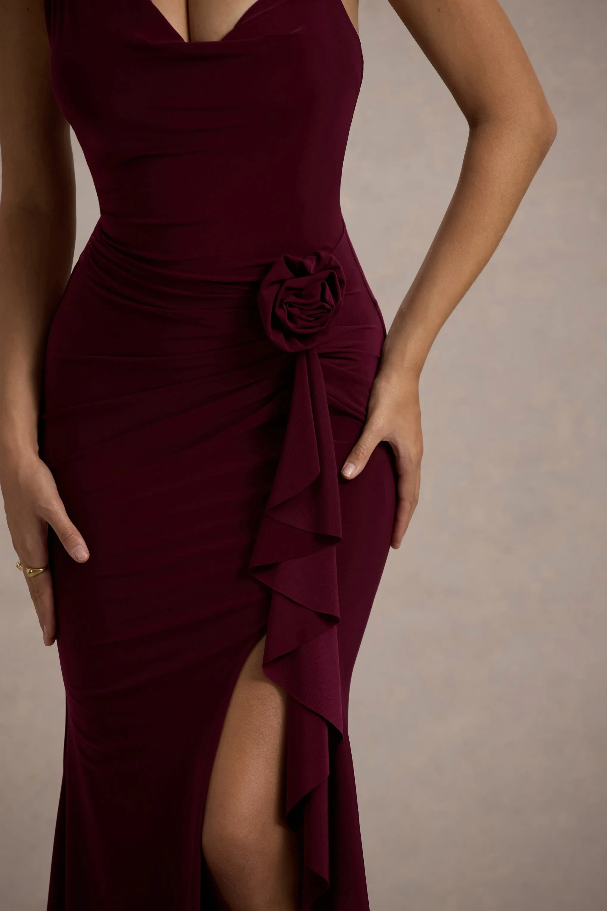 Lucena | Burgundy Cowl-Neck Wrap Maxi Dress With Floral Drape Club L London