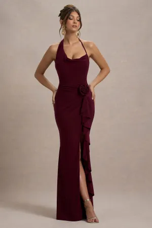 Lucena | Burgundy Cowl-Neck Wrap Maxi Dress With Floral Drape Club L London
