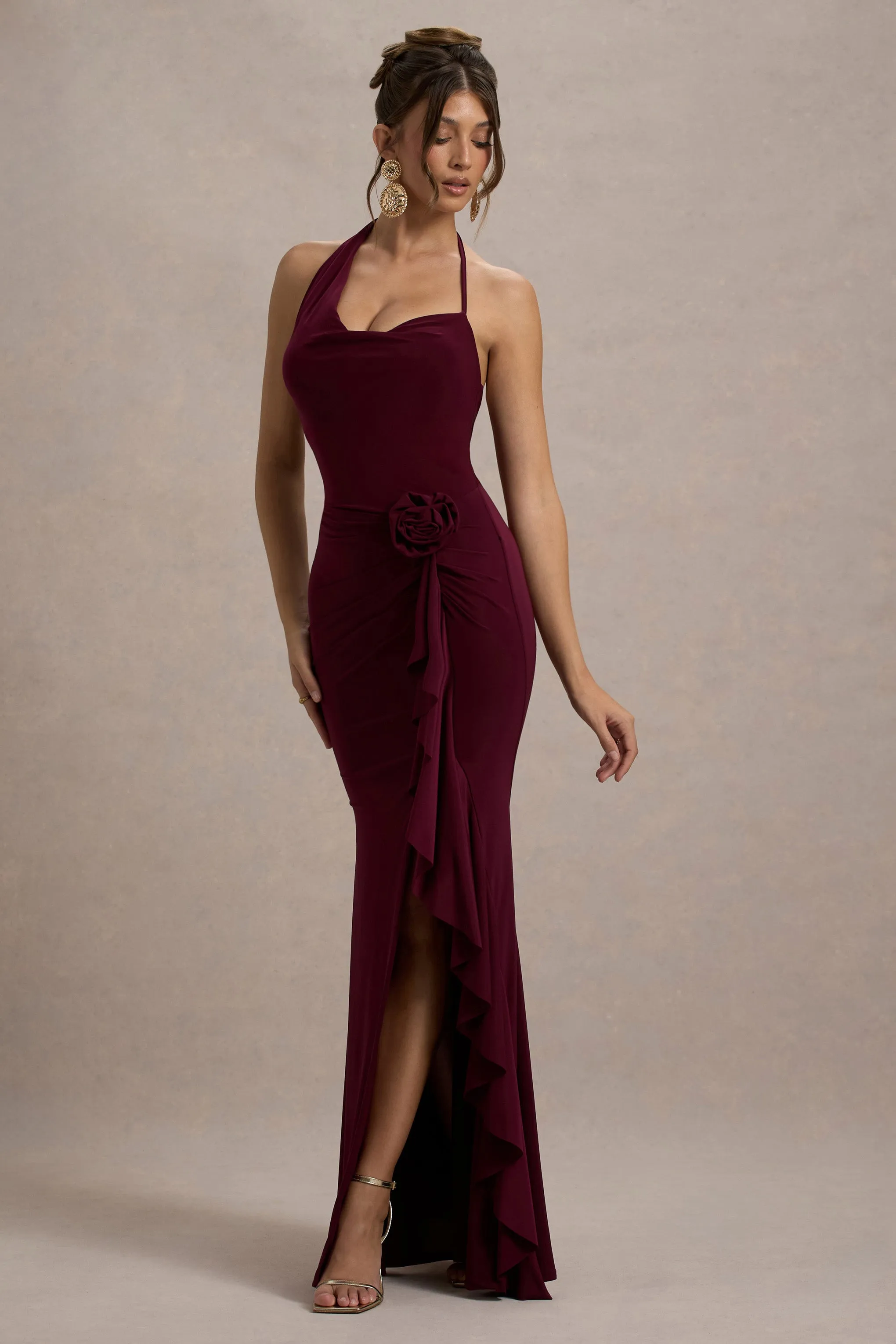 Lucena | Burgundy Cowl-Neck Wrap Maxi Dress With Floral Drape Club L London