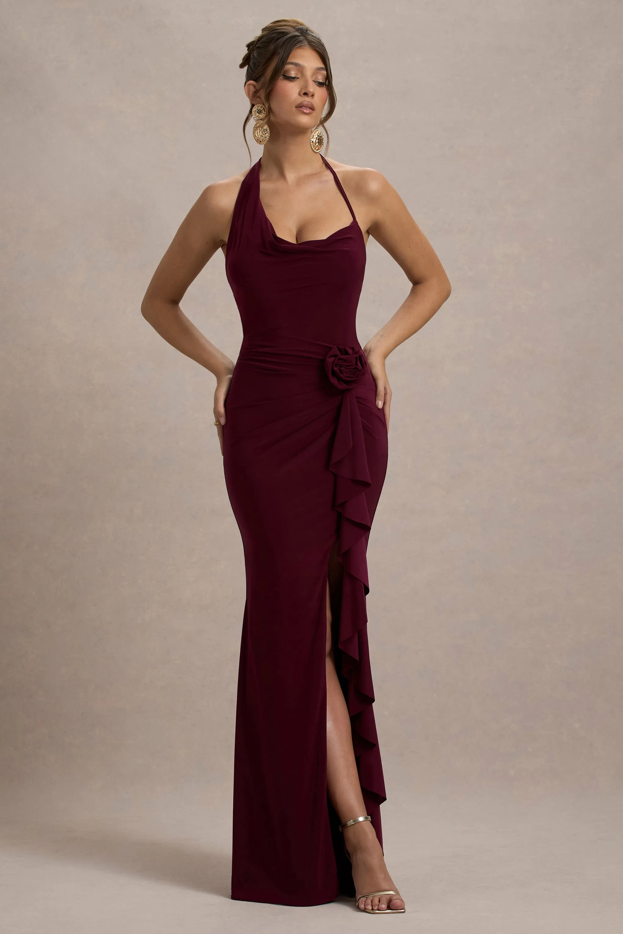 Lucena | Burgundy Cowl-Neck Wrap Maxi Dress With Floral Drape Club L London