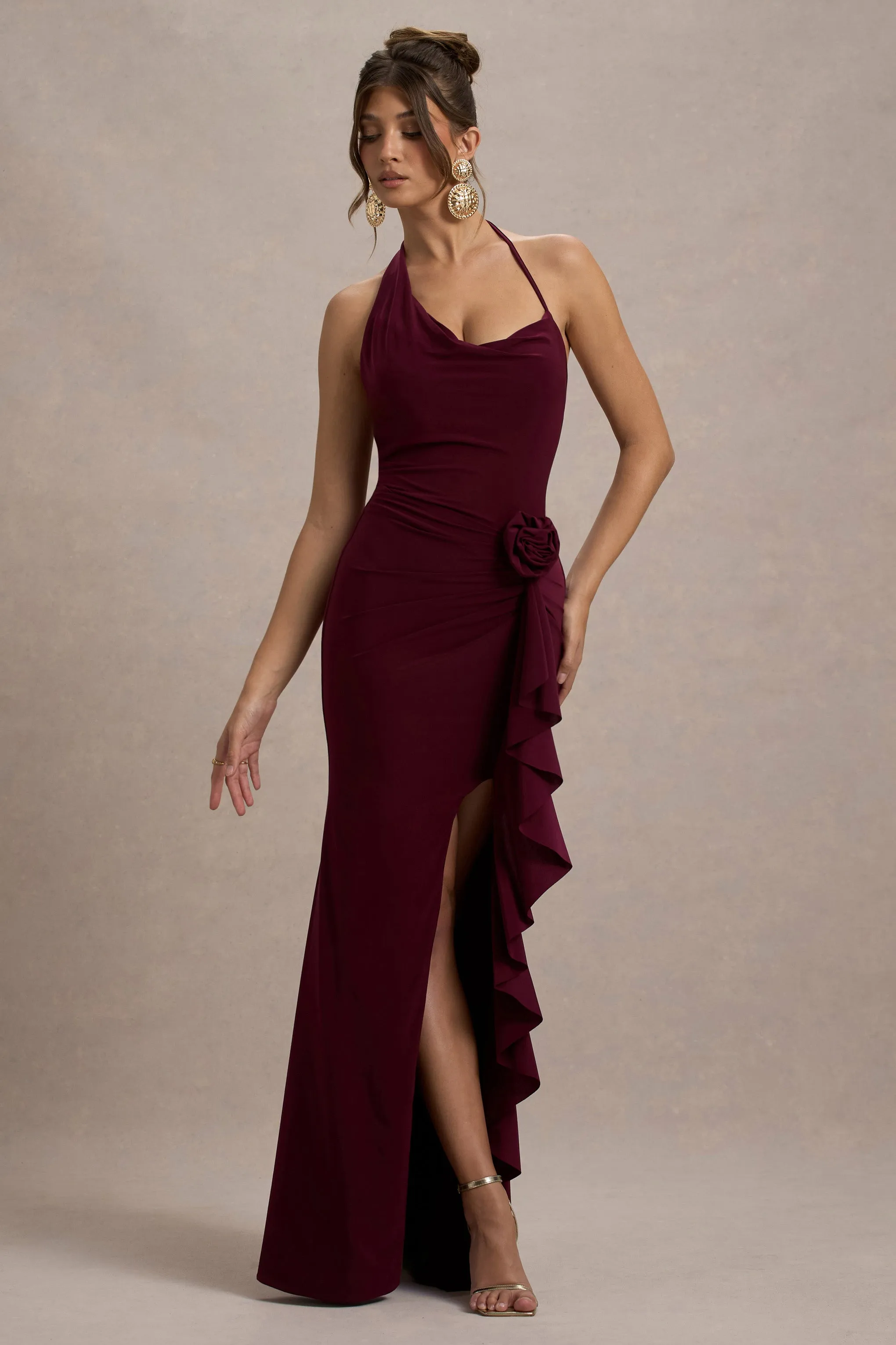 Lucena | Burgundy Cowl-Neck Wrap Maxi Dress With Floral Drape Club L London