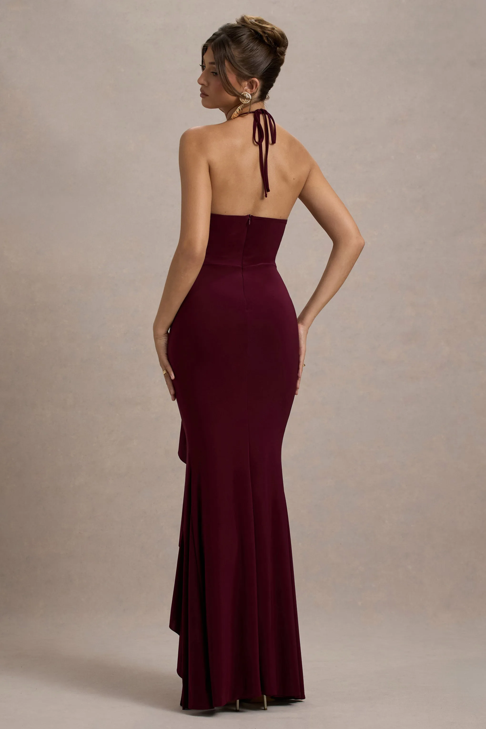 Lucena | Burgundy Cowl-Neck Wrap Maxi Dress With Floral Drape Club L London