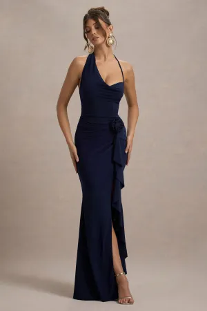 Lucena | Navy Cowl-Neck Wrap Maxi Dress With Floral Drape Club L London