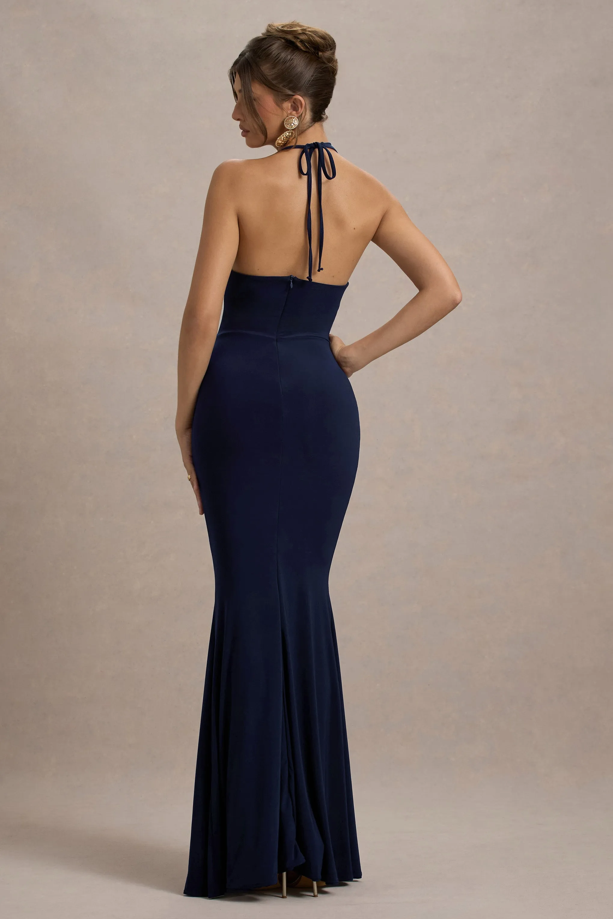 Lucena | Navy Cowl-Neck Wrap Maxi Dress With Floral Drape Club L London