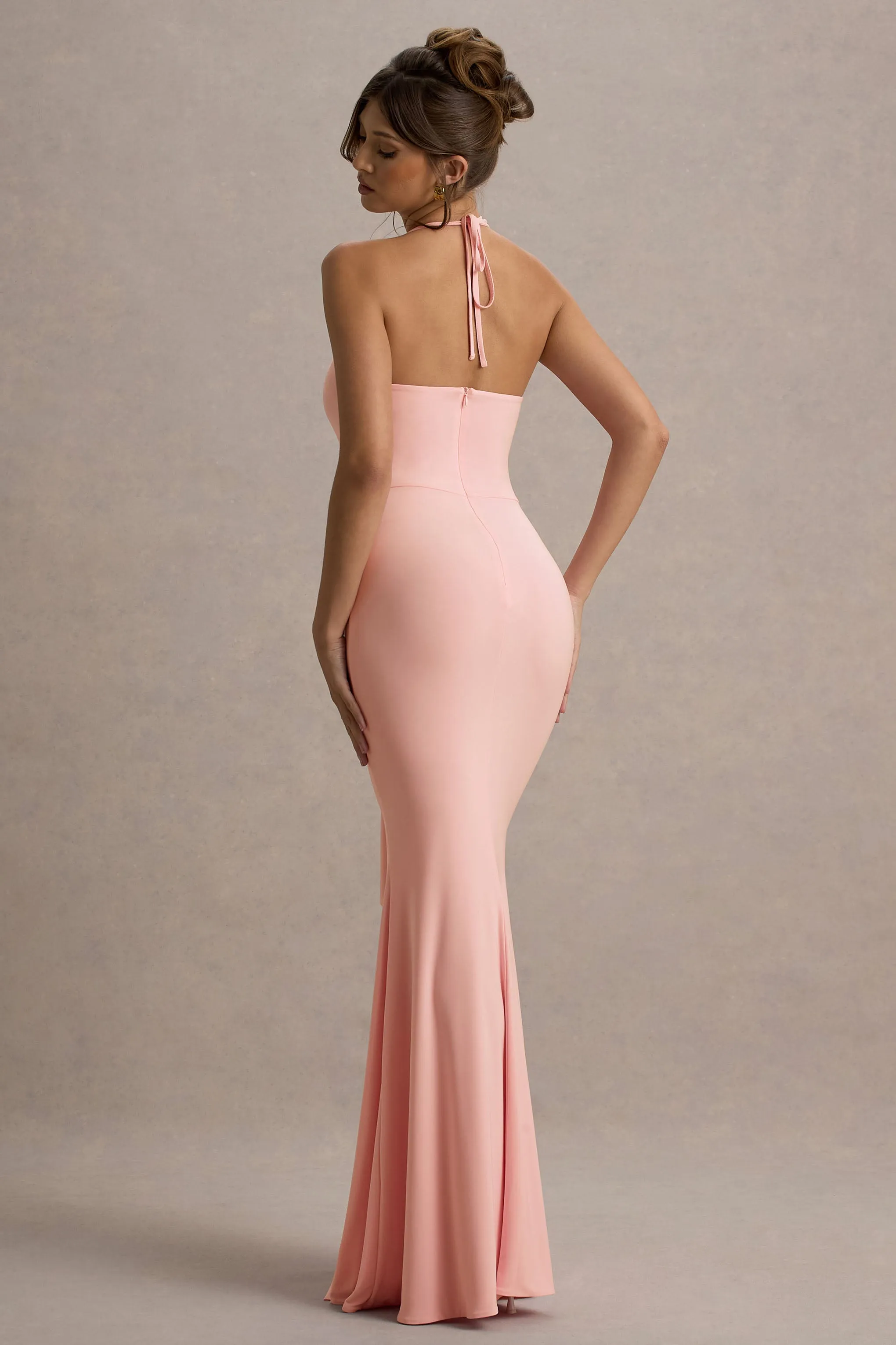 Lucena | Pink Cowl-Neck Wrap Maxi Dress With Floral Drape Club L London