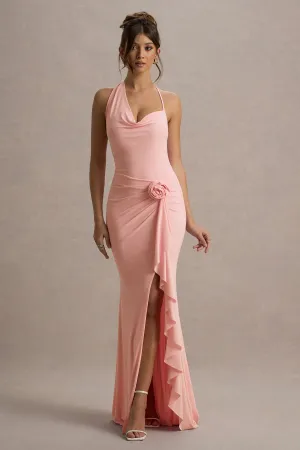 Lucena | Pink Cowl-Neck Wrap Maxi Dress With Floral Drape Club L London