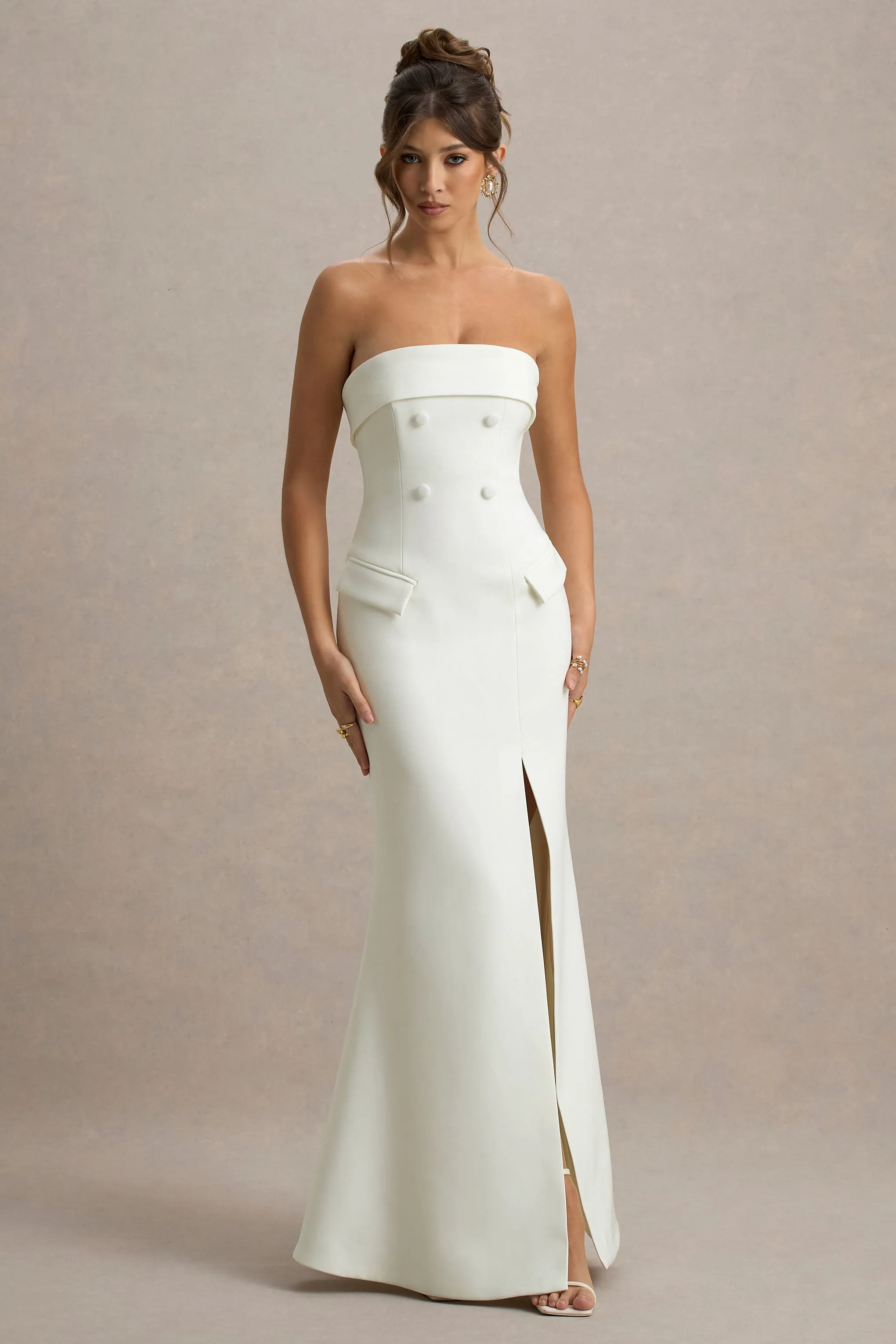 Lucia | Cream Bandeau Tailored Maxi Dress With Split Club L London