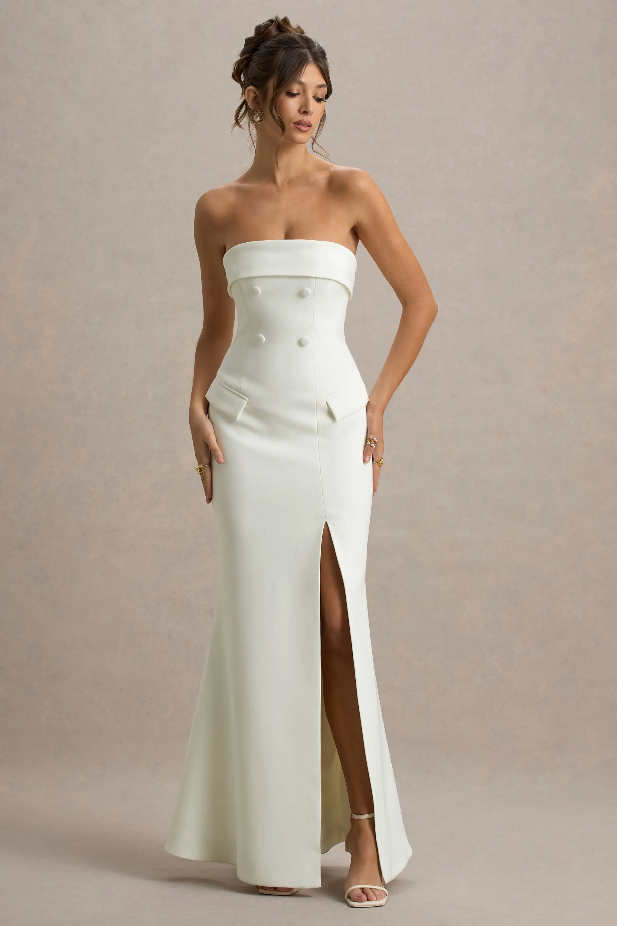 Lucia | Cream Bandeau Tailored Maxi Dress With Split Club L London