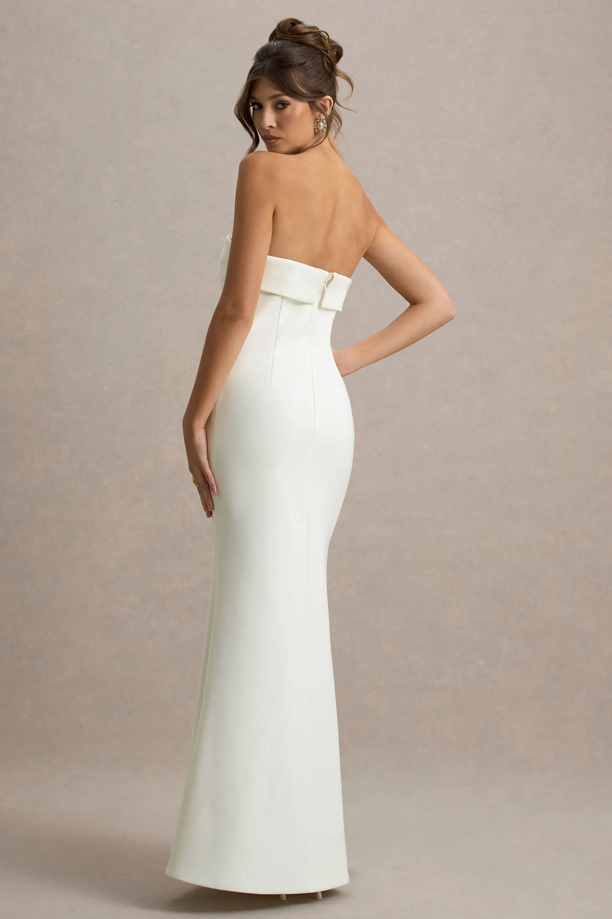 Lucia | Cream Bandeau Tailored Maxi Dress With Split Club L London
