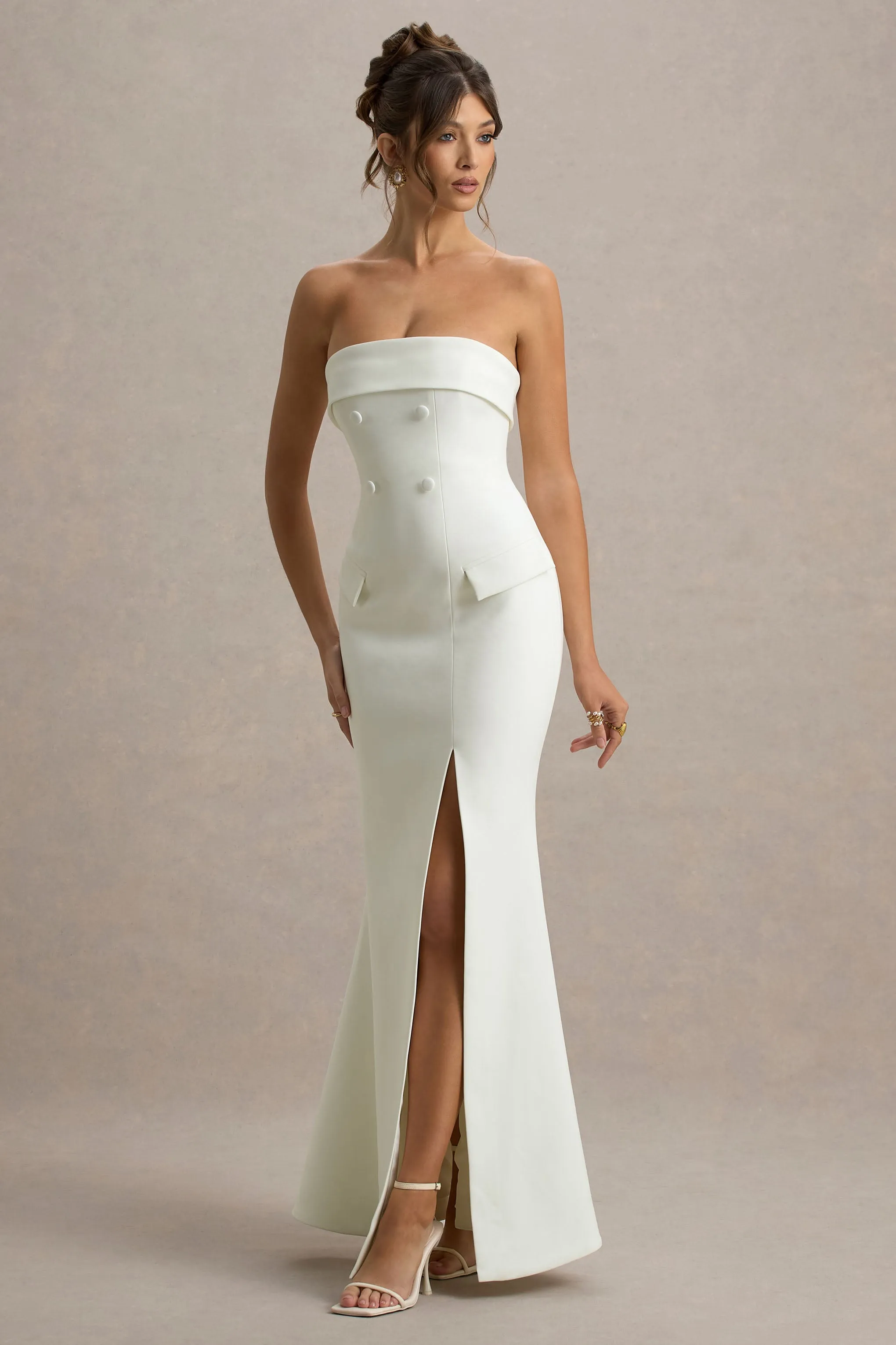 Lucia | Cream Bandeau Tailored Maxi Dress With Split Club L London