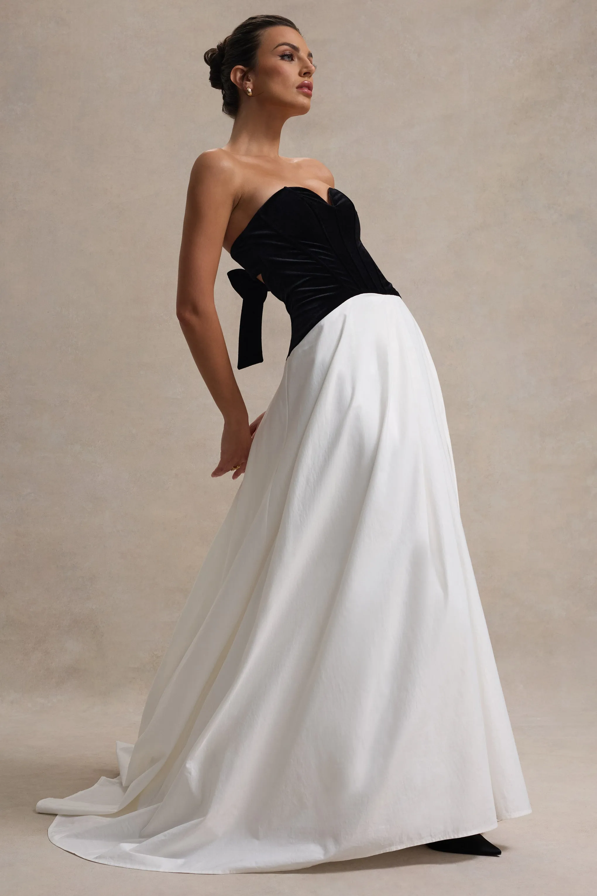 Lucienne | Black & Cream Sweetheart Corset Split Maxi Dress Club L London
