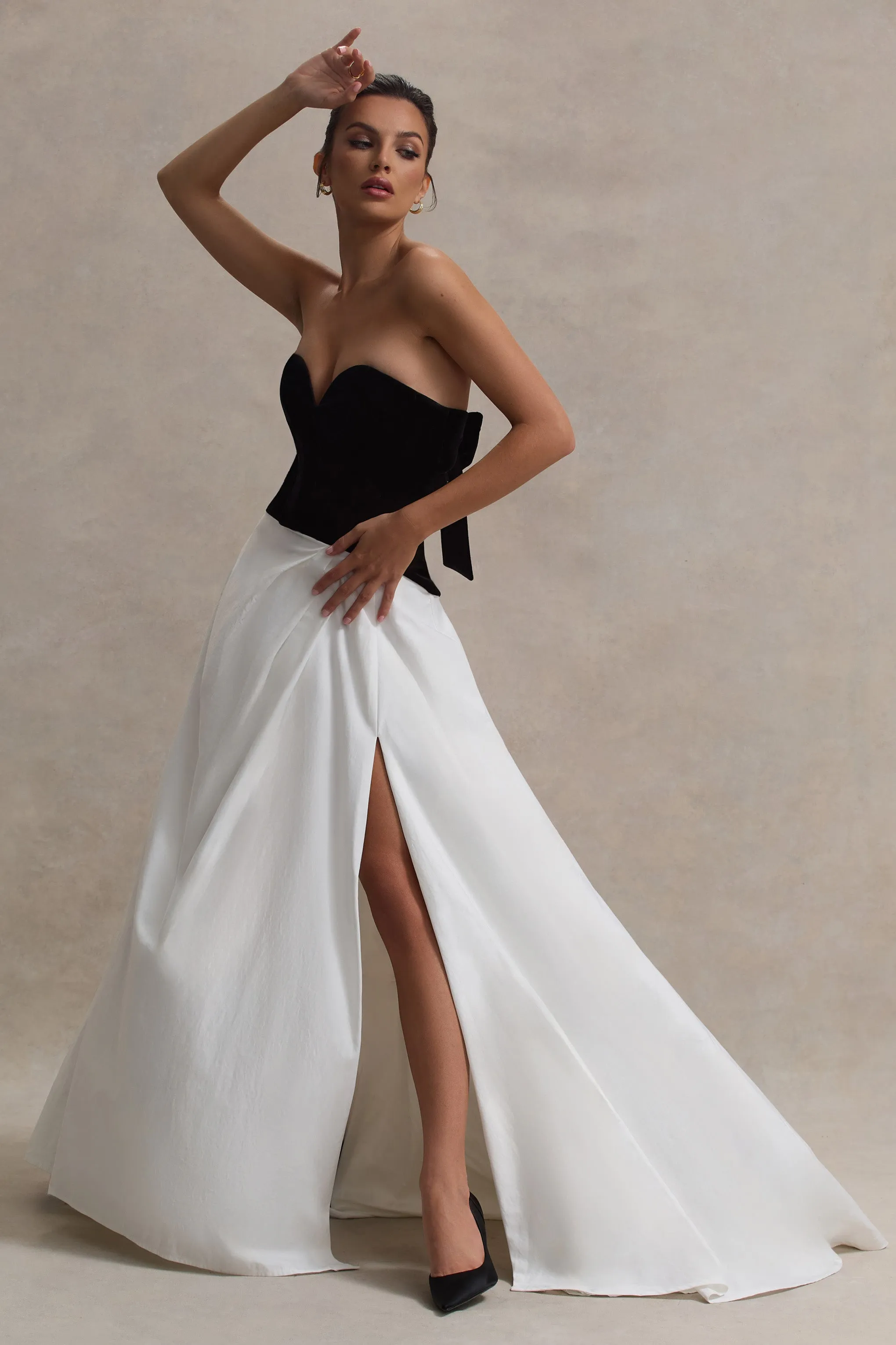 Lucienne | Black & Cream Sweetheart Corset Split Maxi Dress Club L London