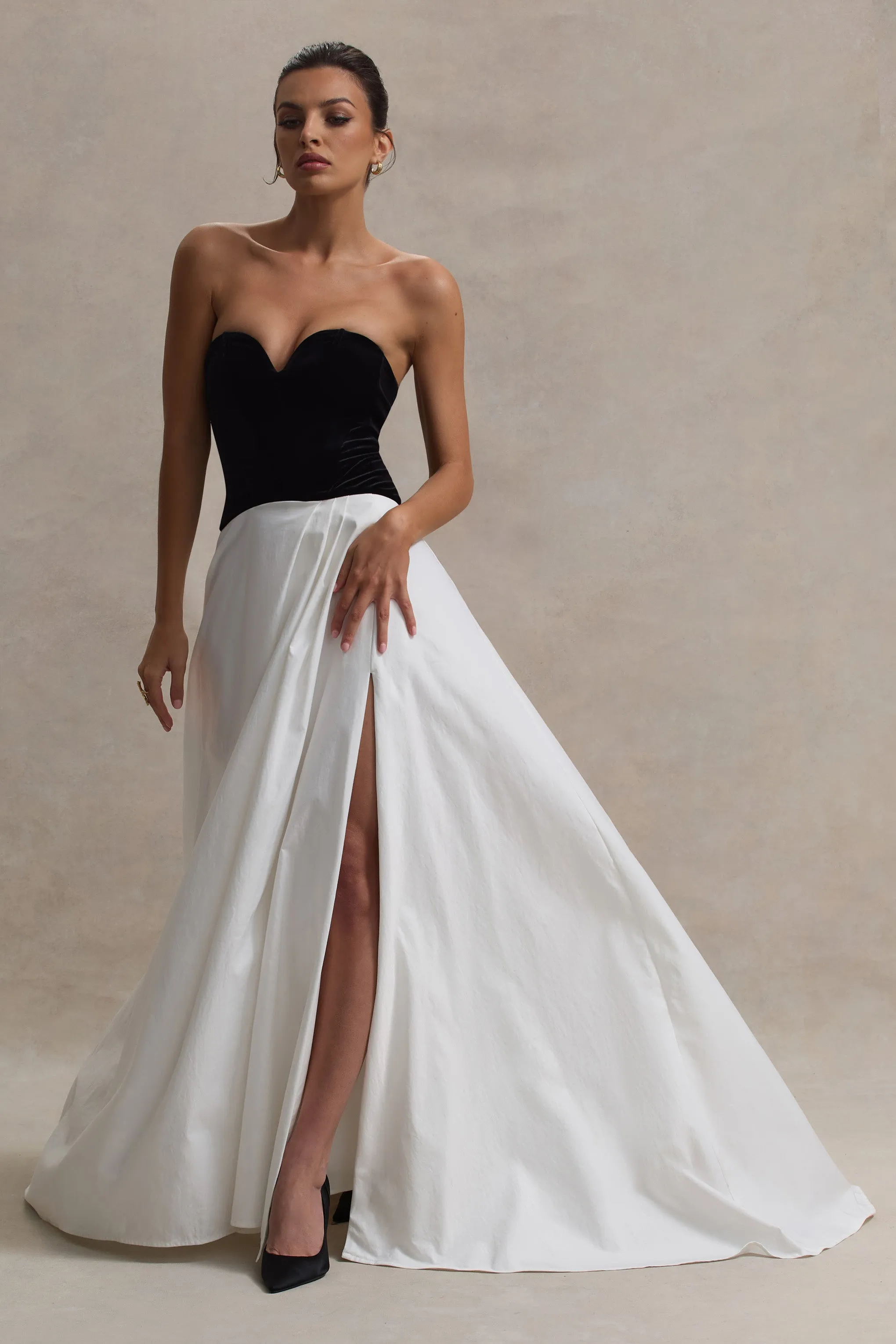 Lucienne | Black & Cream Sweetheart Corset Split Maxi Dress Club L London