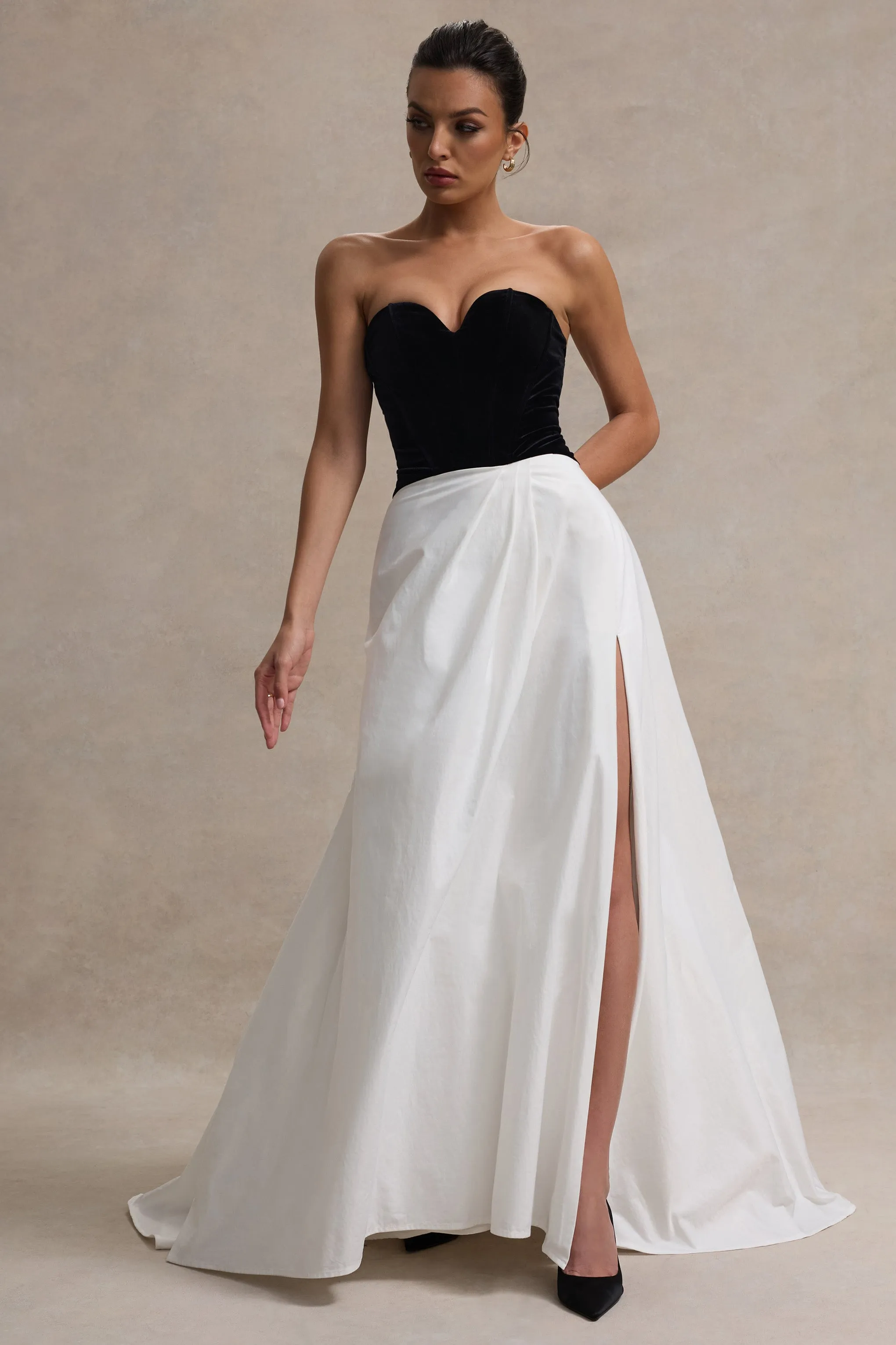 Lucienne | Black & Cream Sweetheart Corset Split Maxi Dress Club L London