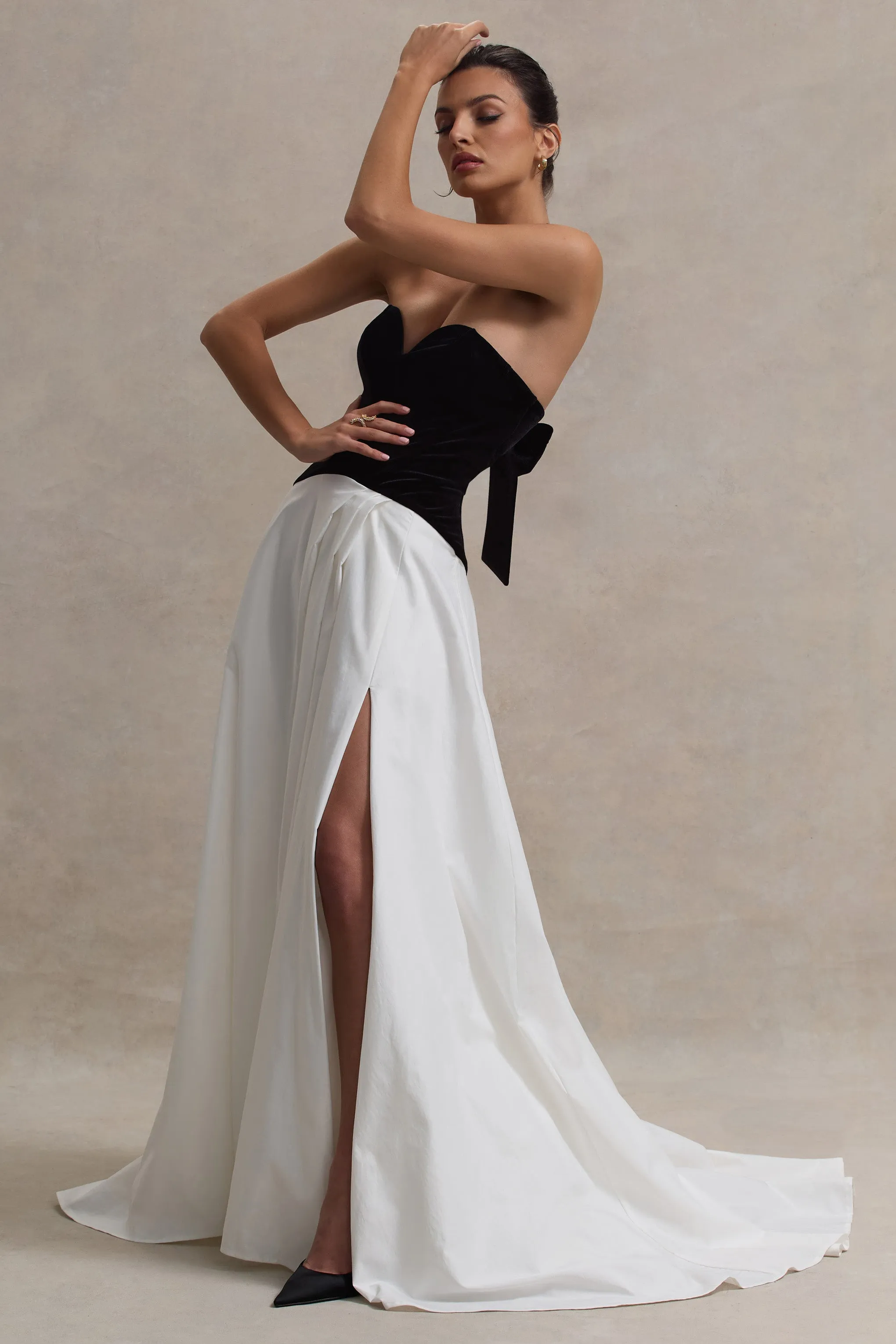 Lucienne | Black & Cream Sweetheart Corset Split Maxi Dress Club L London