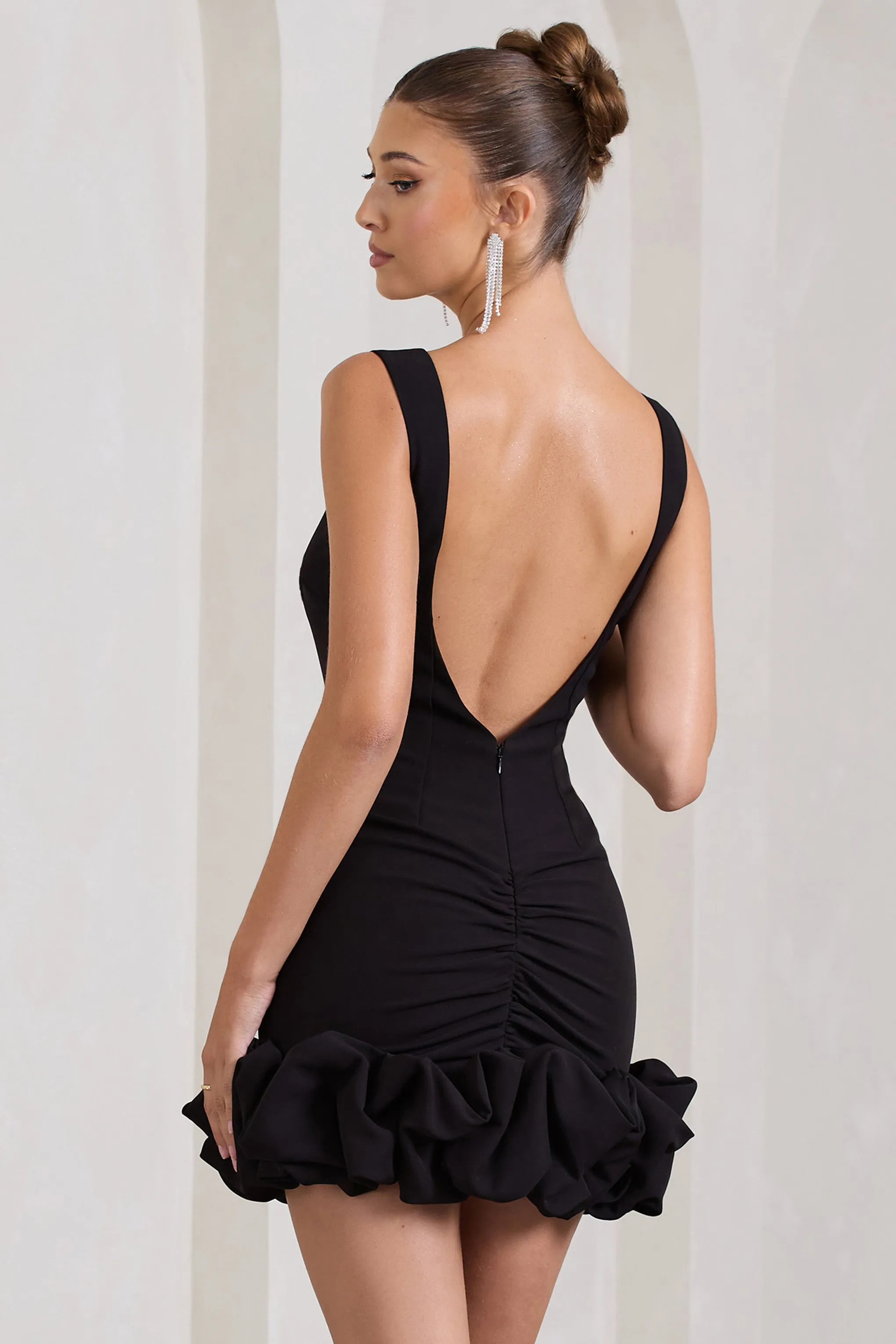 Lucy | Black Strappy Mini Dress With Ruffle Trim Club L London
