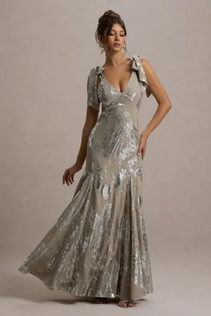 Lula | Champagne Metallic Plunge-Neck Maxi Dress With Bow Straps Club L London