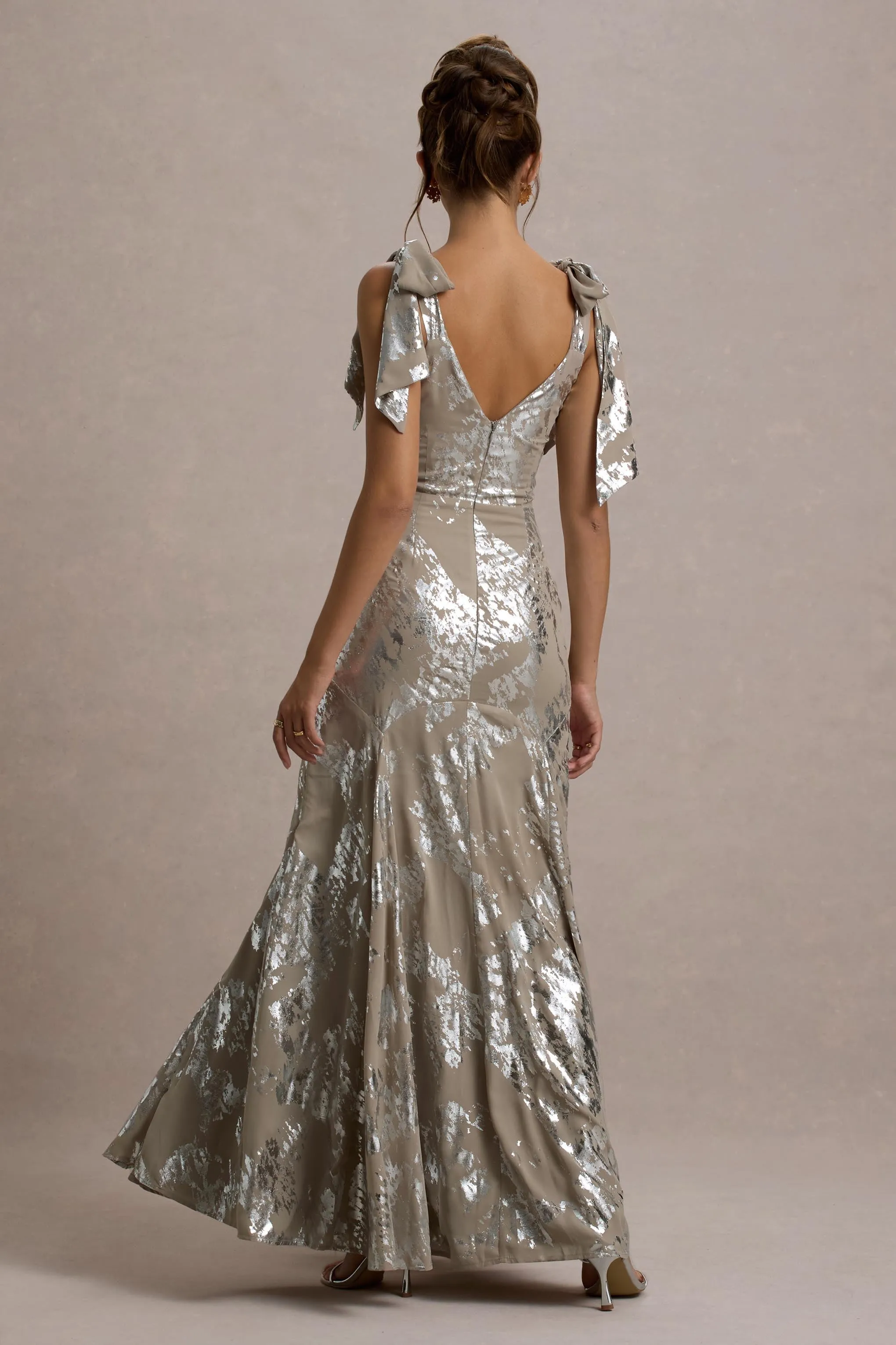 Lula | Champagne Metallic Plunge-Neck Maxi Dress With Bow Straps Club L London
