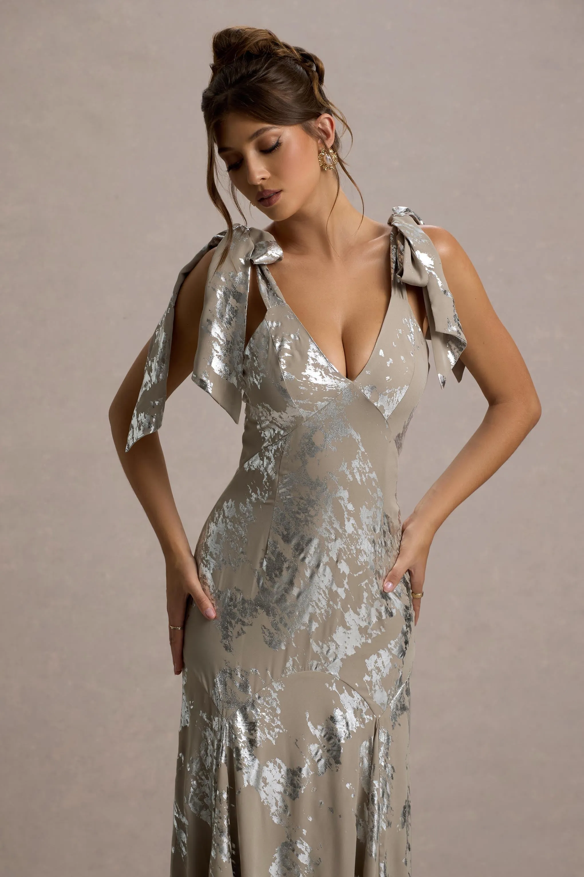 Lula | Champagne Metallic Plunge-Neck Maxi Dress With Bow Straps Club L London