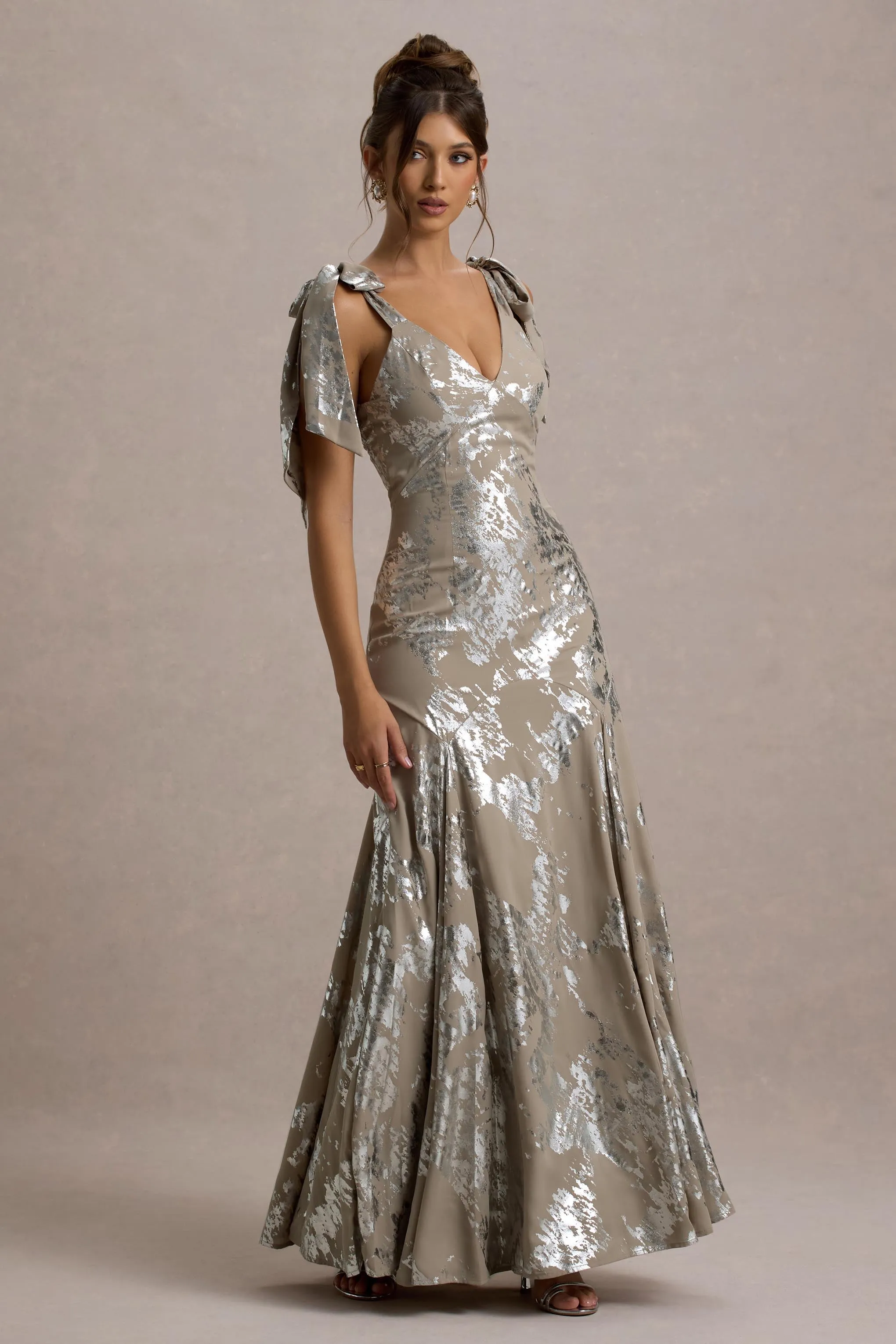 Lula | Champagne Metallic Plunge-Neck Maxi Dress With Bow Straps Club L London