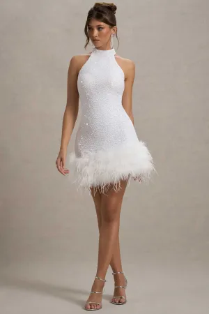 Lumi | White Sequin High-Neck Feather Trim Mini Dress Club L London