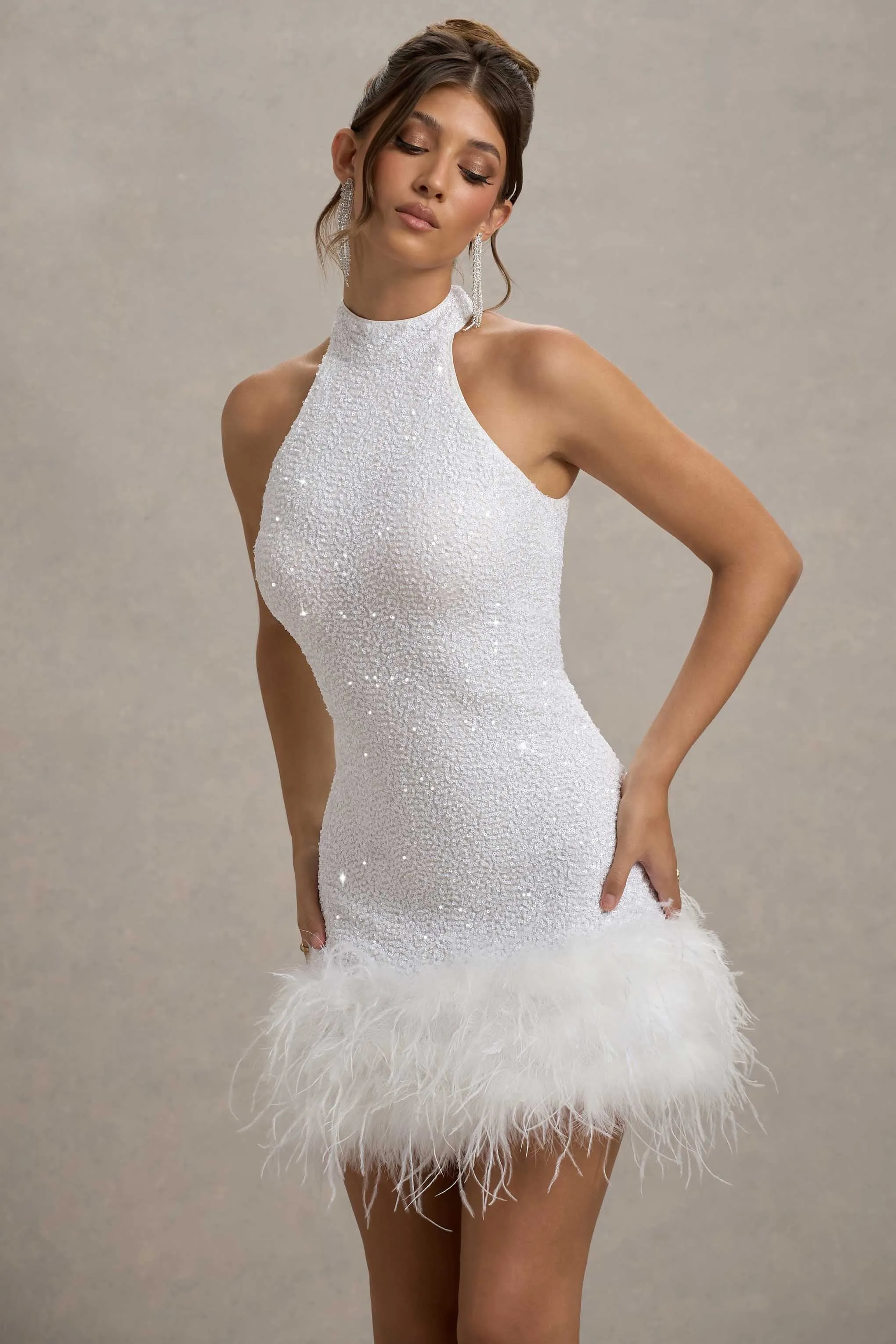 Lumi | White Sequin High-Neck Feather Trim Mini Dress Club L London