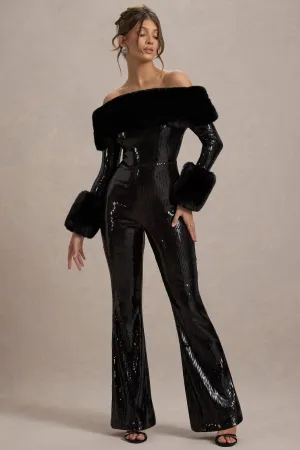 Lunar | Black Sequin Bardot Flared-Leg Jumpsuit With Fur Club L London