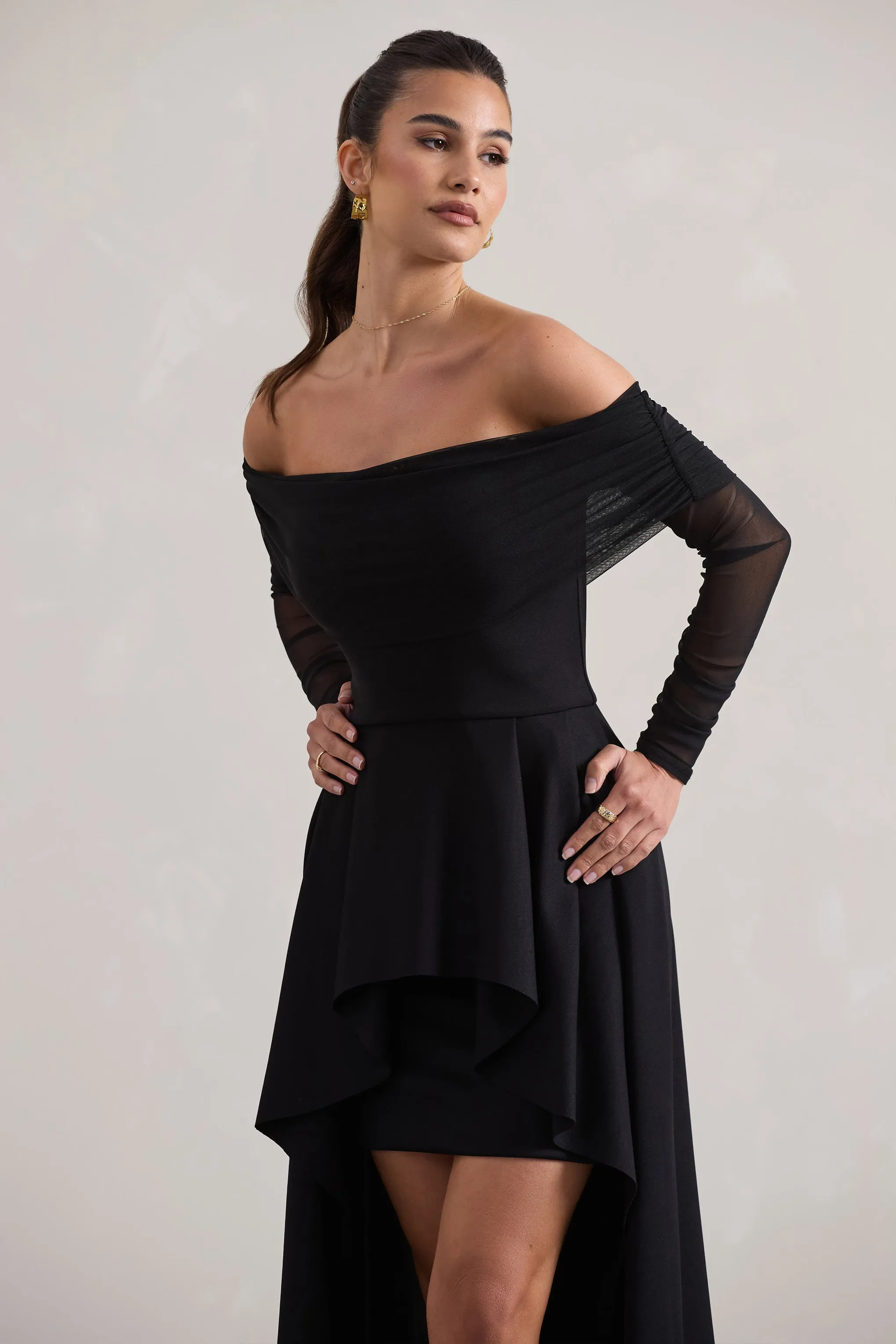 Lunara | Black Bardot High-Low Maxi Dress Club L London