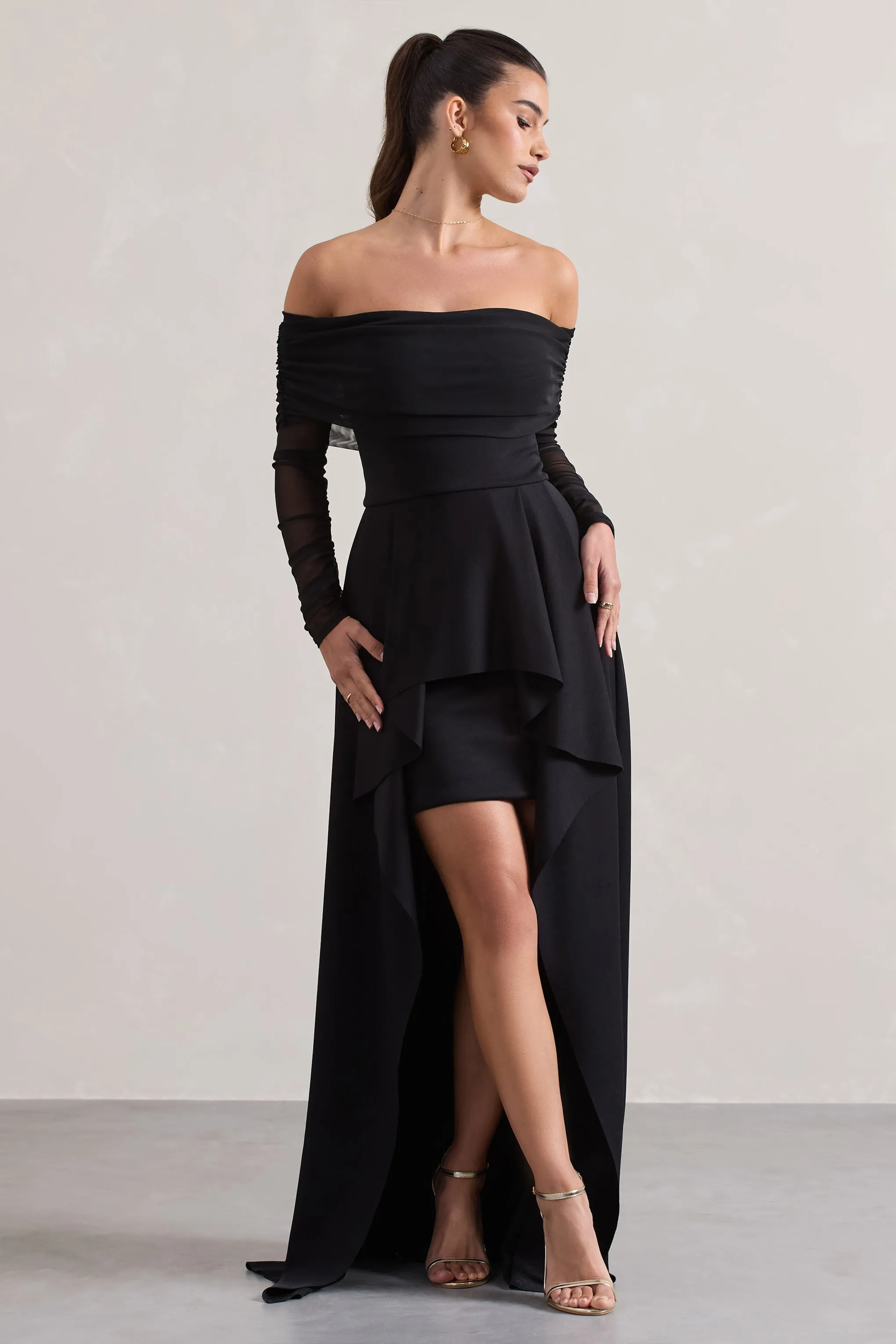 Lunara | Black Bardot High-Low Maxi Dress Club L London