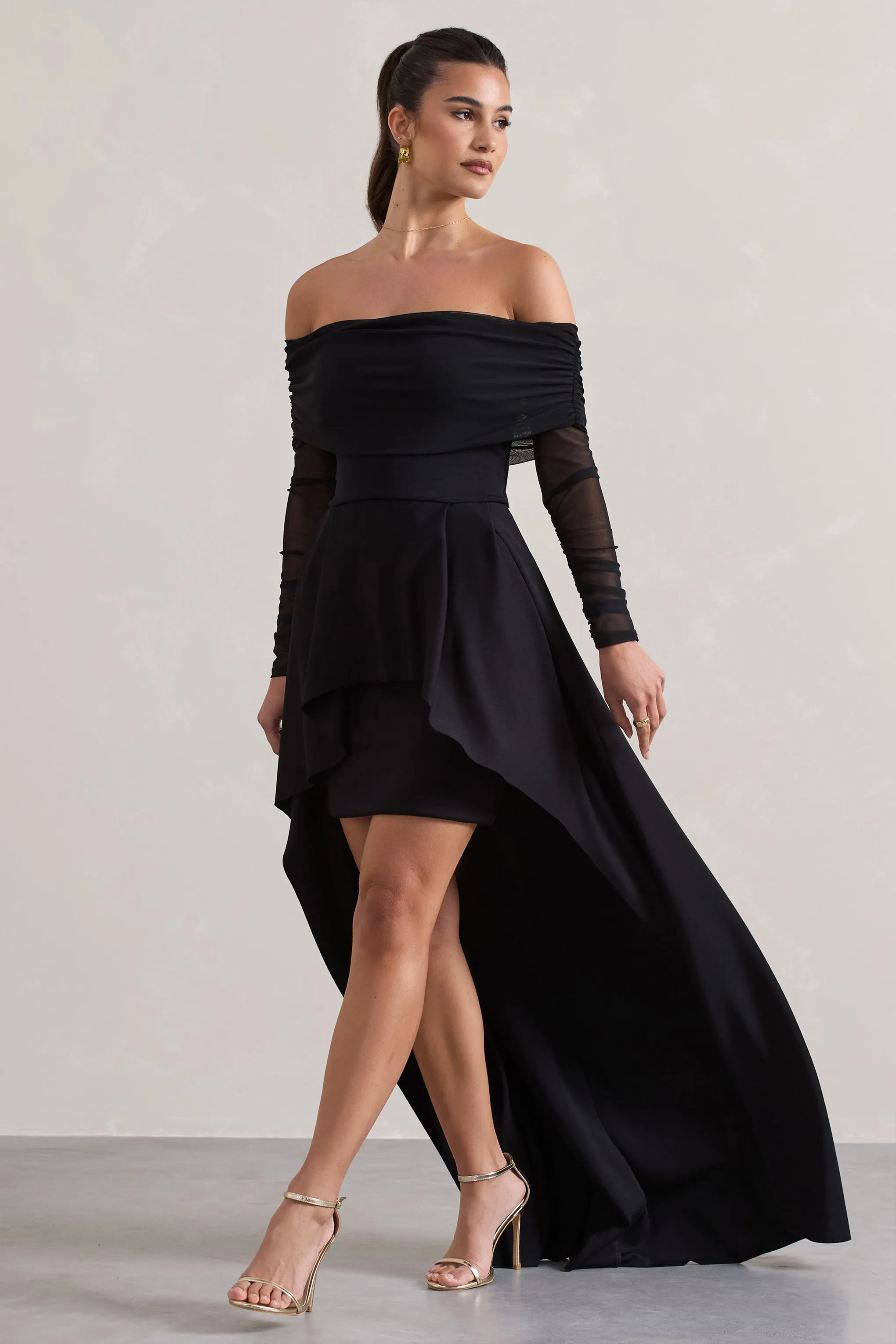 Lunara | Black Bardot High-Low Maxi Dress Club L London