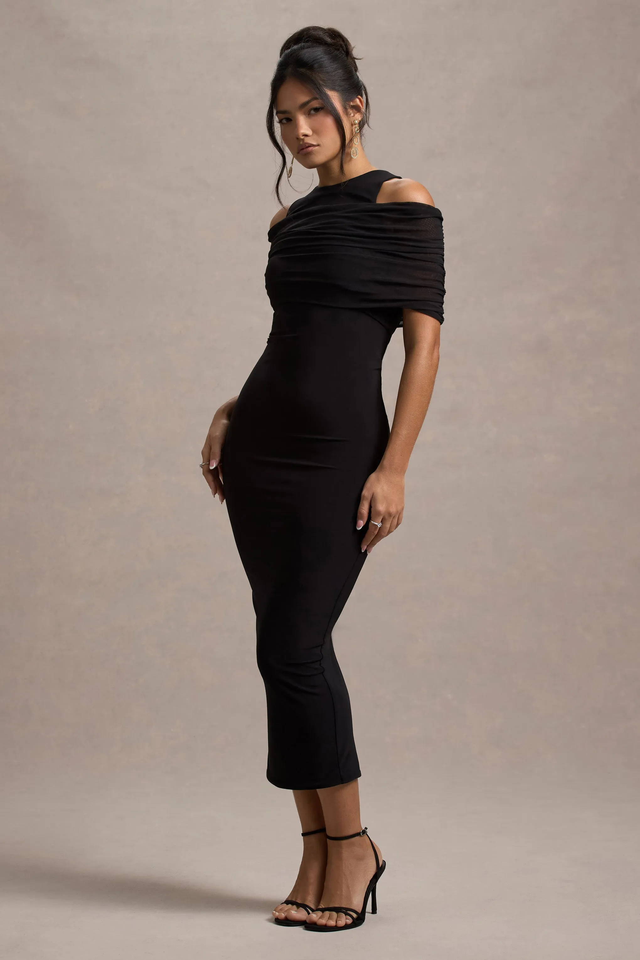 Lupine | Black Mesh Bardot Bodycon Midi Dress Club L London