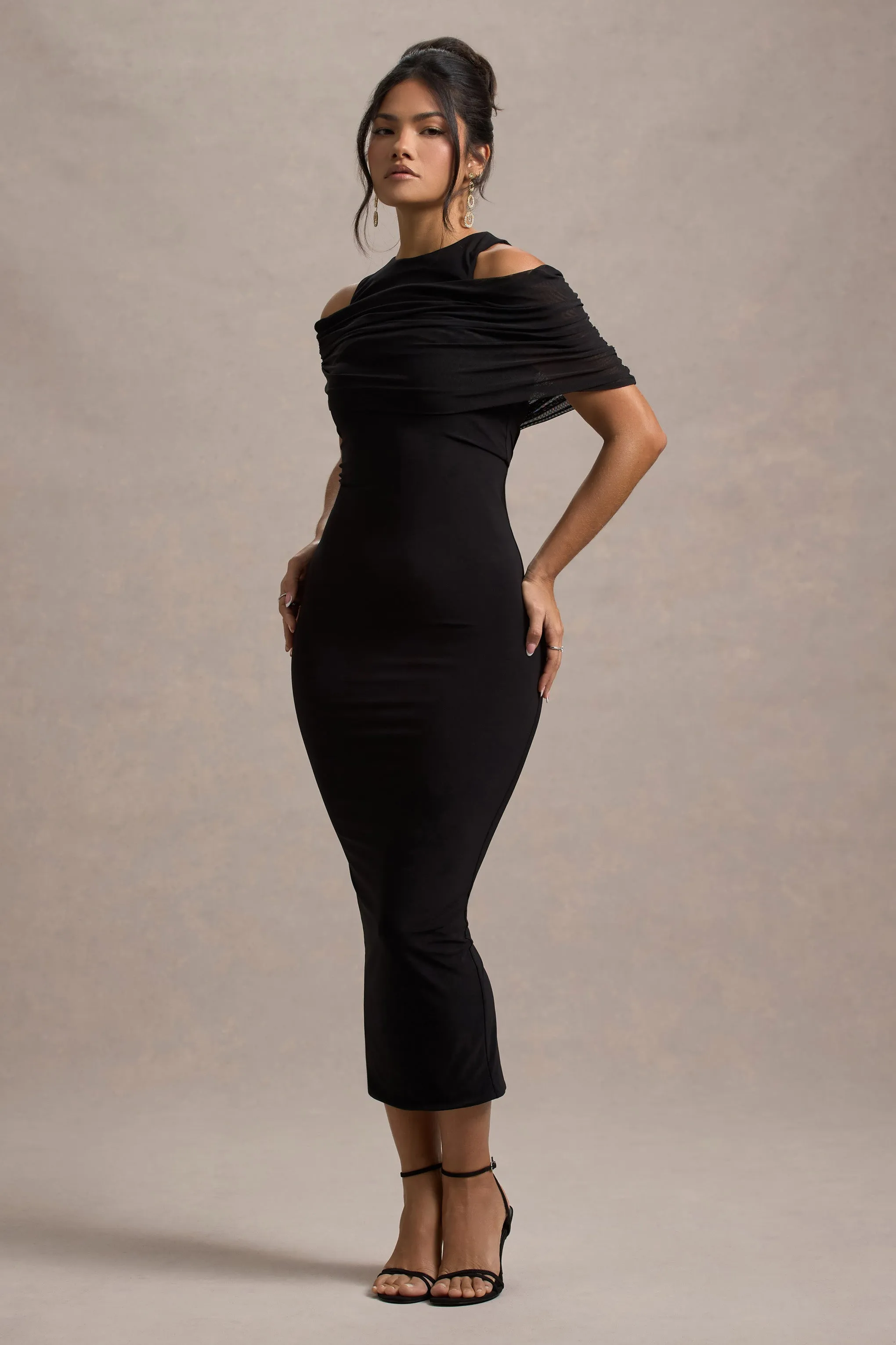 Lupine | Black Mesh Bardot Bodycon Midi Dress Club L London
