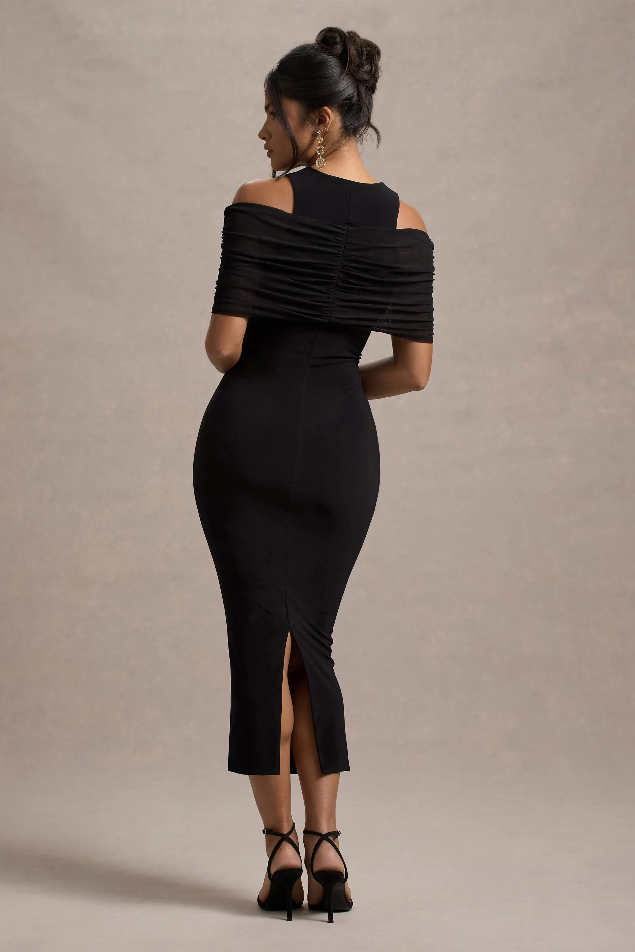 Lupine | Black Mesh Bardot Bodycon Midi Dress Club L London